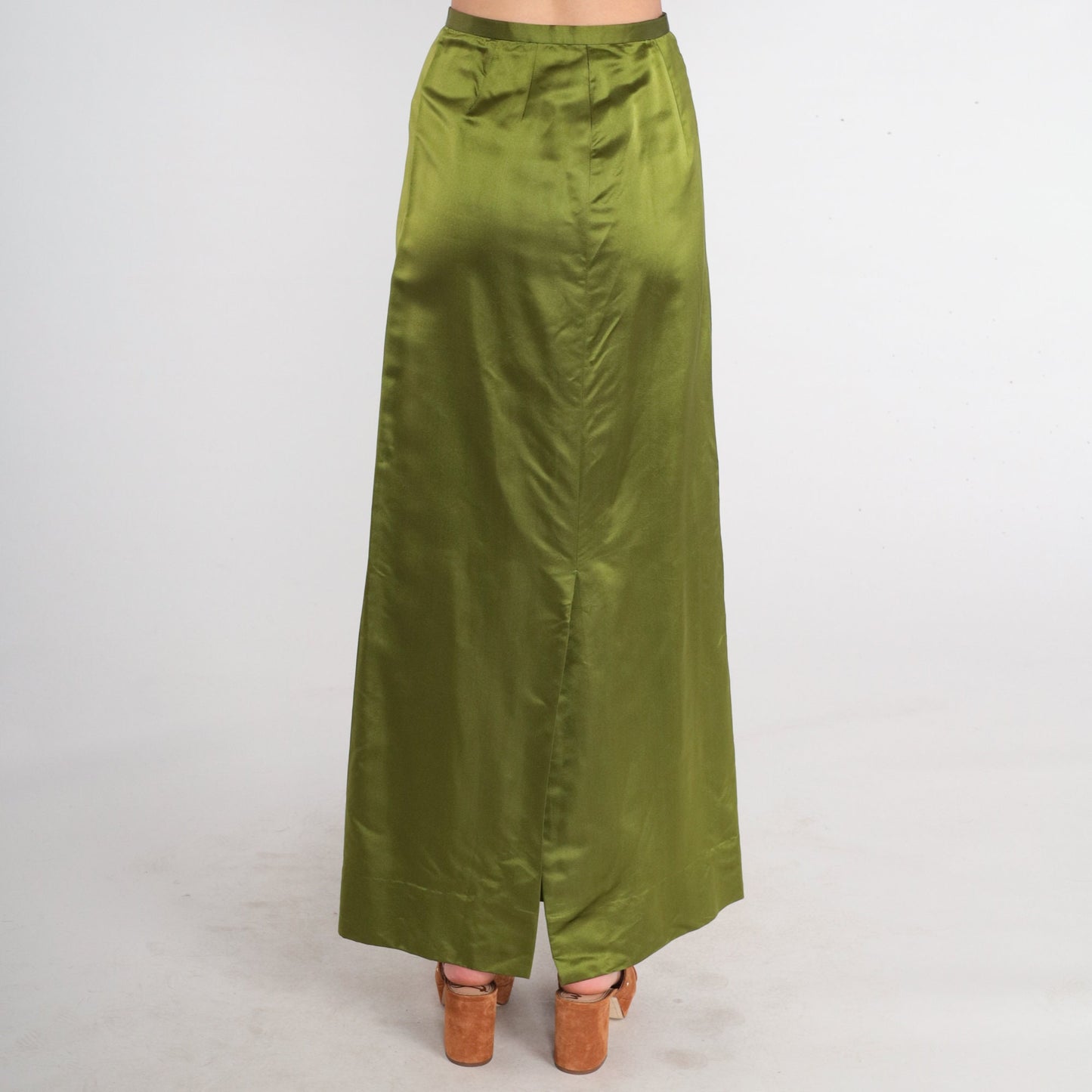 60s High-Waisted Maxi Skirt Shiny Green Pea Acetate Blend XS