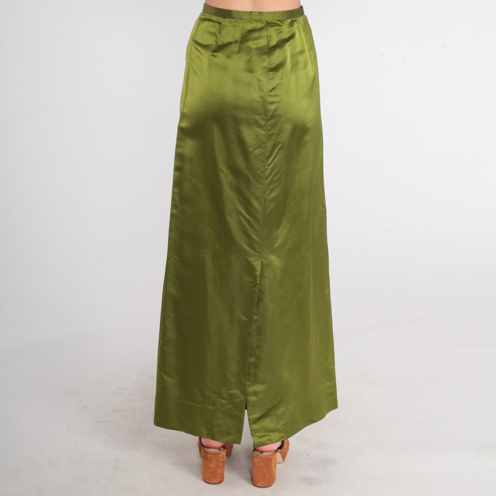 60s High-Waisted Maxi Skirt Shiny Green Pea Acetate Blend XS