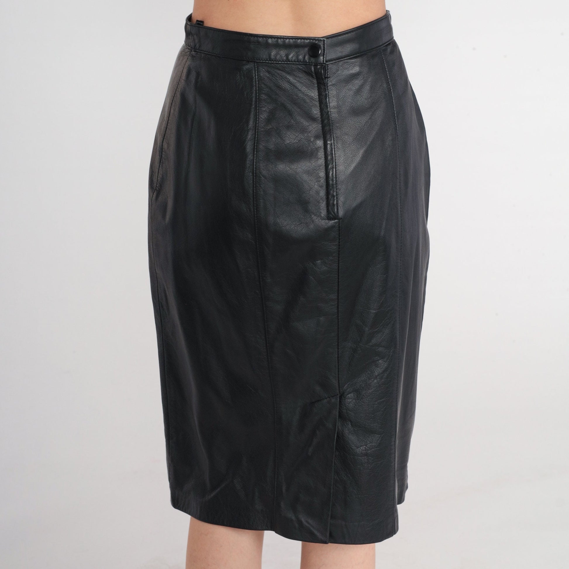 80s Black Leather Pencil Skirt High Waisted Knee Length Small