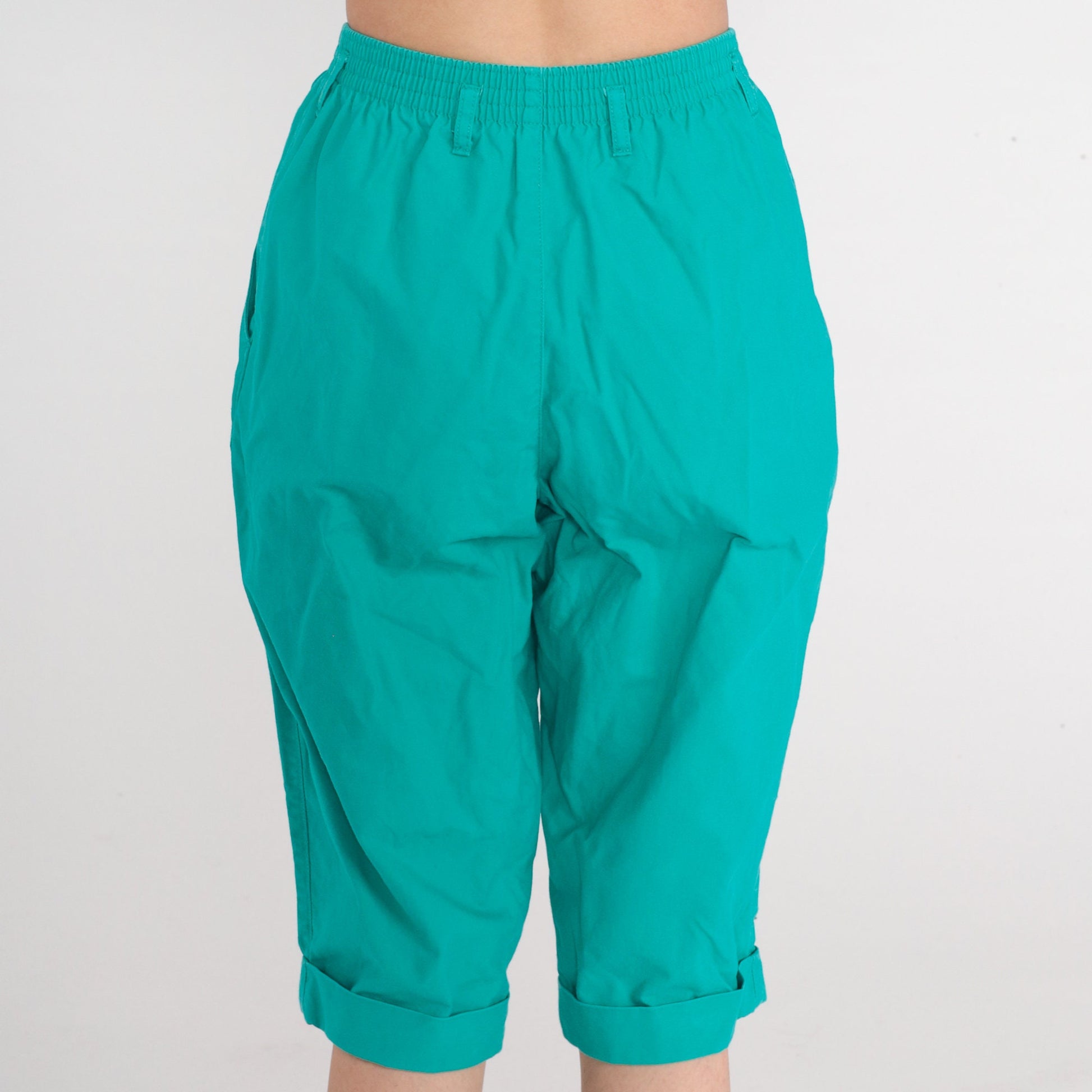 90s Turquoise Capri Pants High Waist Cuffed Cropped Trousers Extra Small