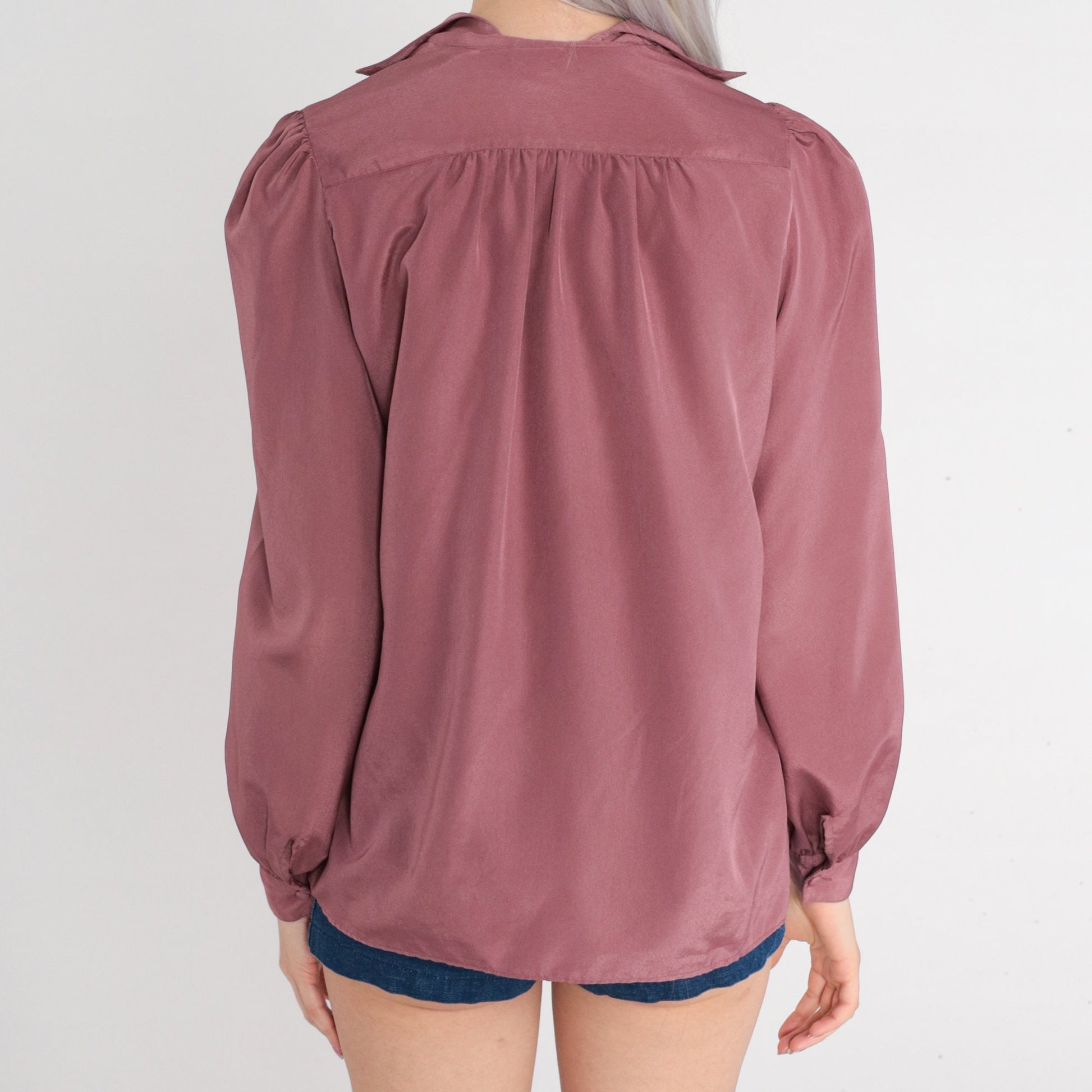 80s Dusty Purple Button-Up Blouse Puff Sleeve Pleated Collared Medium M
