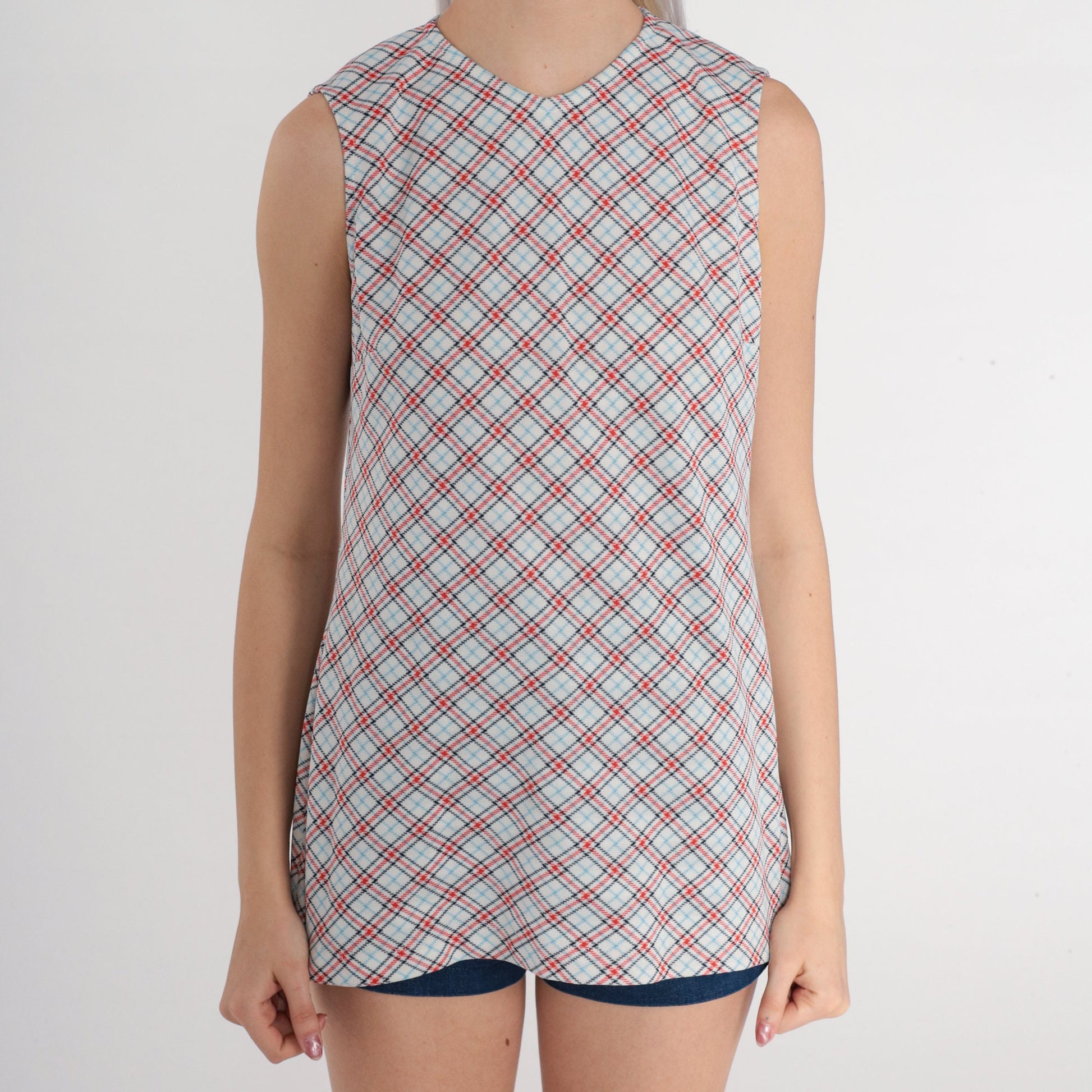 70s Plaid Tank Top White Red Blue Checkered Sleeveless Blouse Small