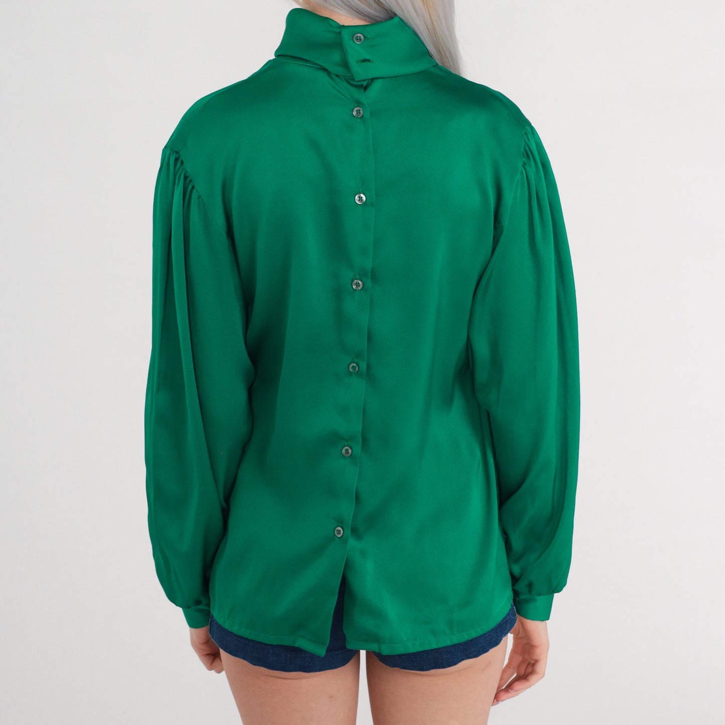 80s Green Satin Pleated Blouse Mock Neck Button Back Long Sleeve Medium