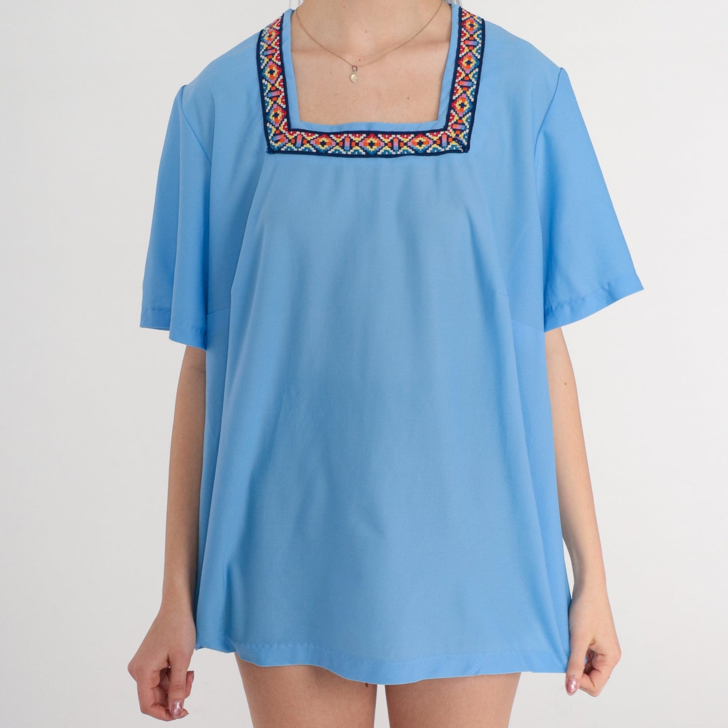 70s Blue Embroidered Blouse Square Neck Belted Short Sleeve Extra Large XL