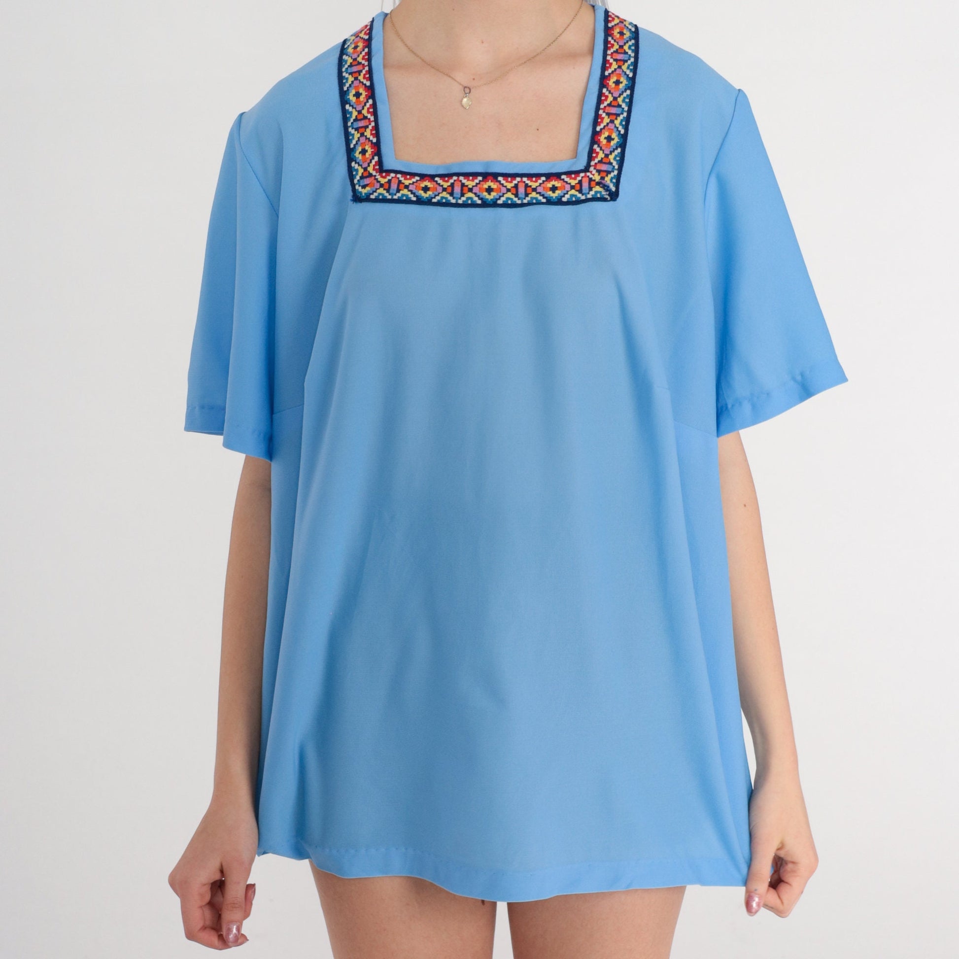 70s Blue Embroidered Blouse Square Neck Belted Short Sleeve Extra Large XL