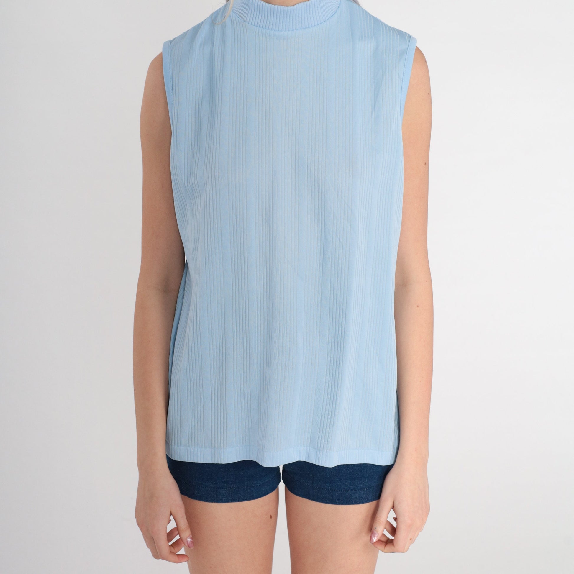 70s Powder Blue Mock Neck Tank Top Ribbed Sleeveless Shirt Medium Large