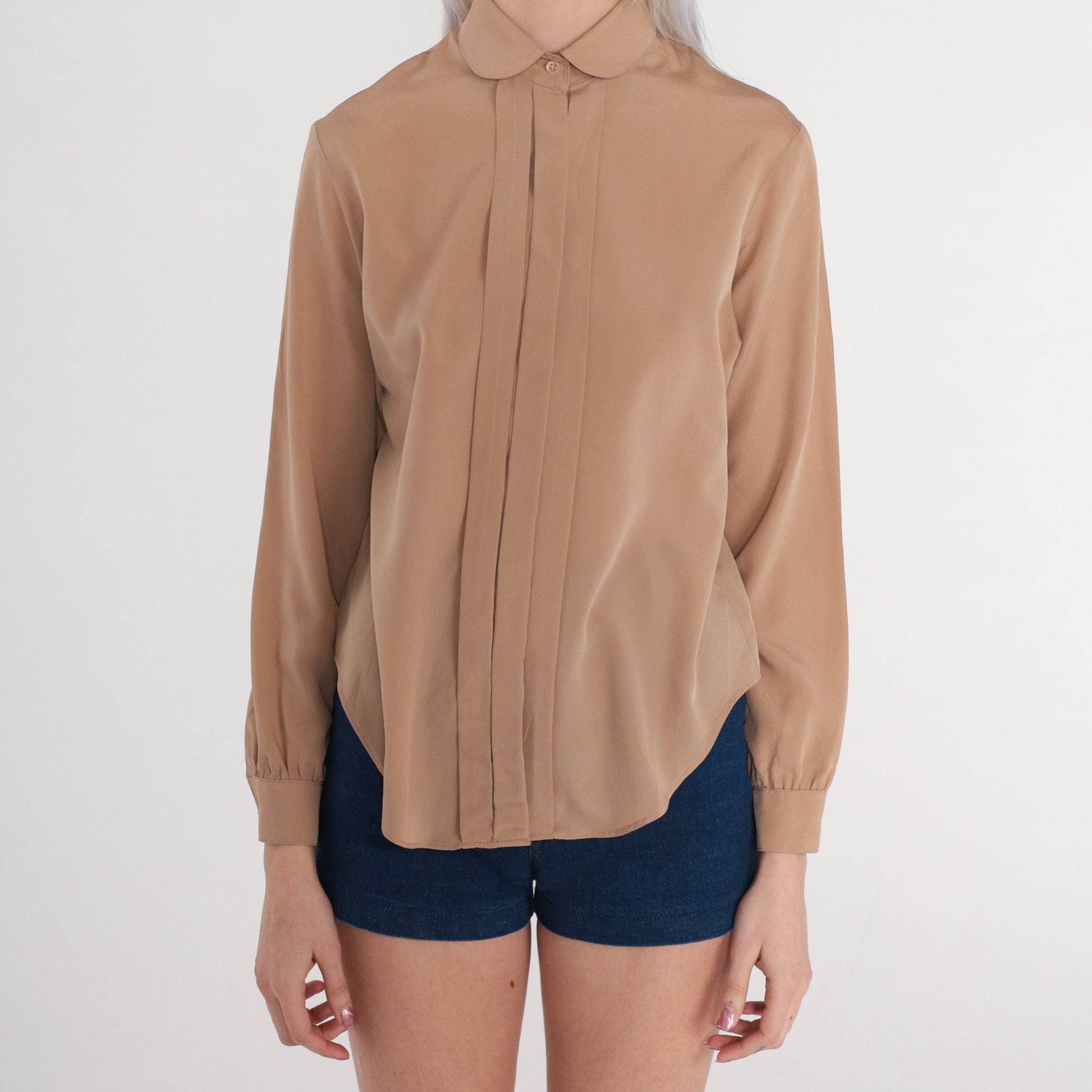 70s Cocoa Brown Peter Pan Collar Blouse Pleated Button Up Long Sleeve Extra Small