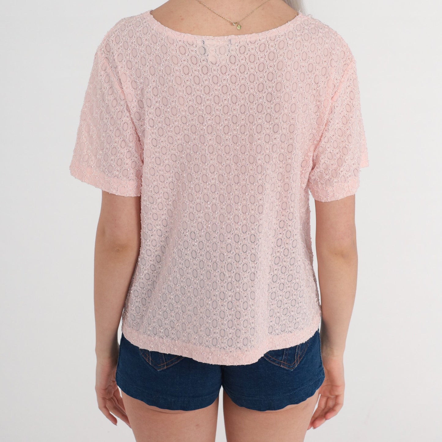 80s Baby Pink Sheer Lace Cutout Blouse Short Sleeve Large L