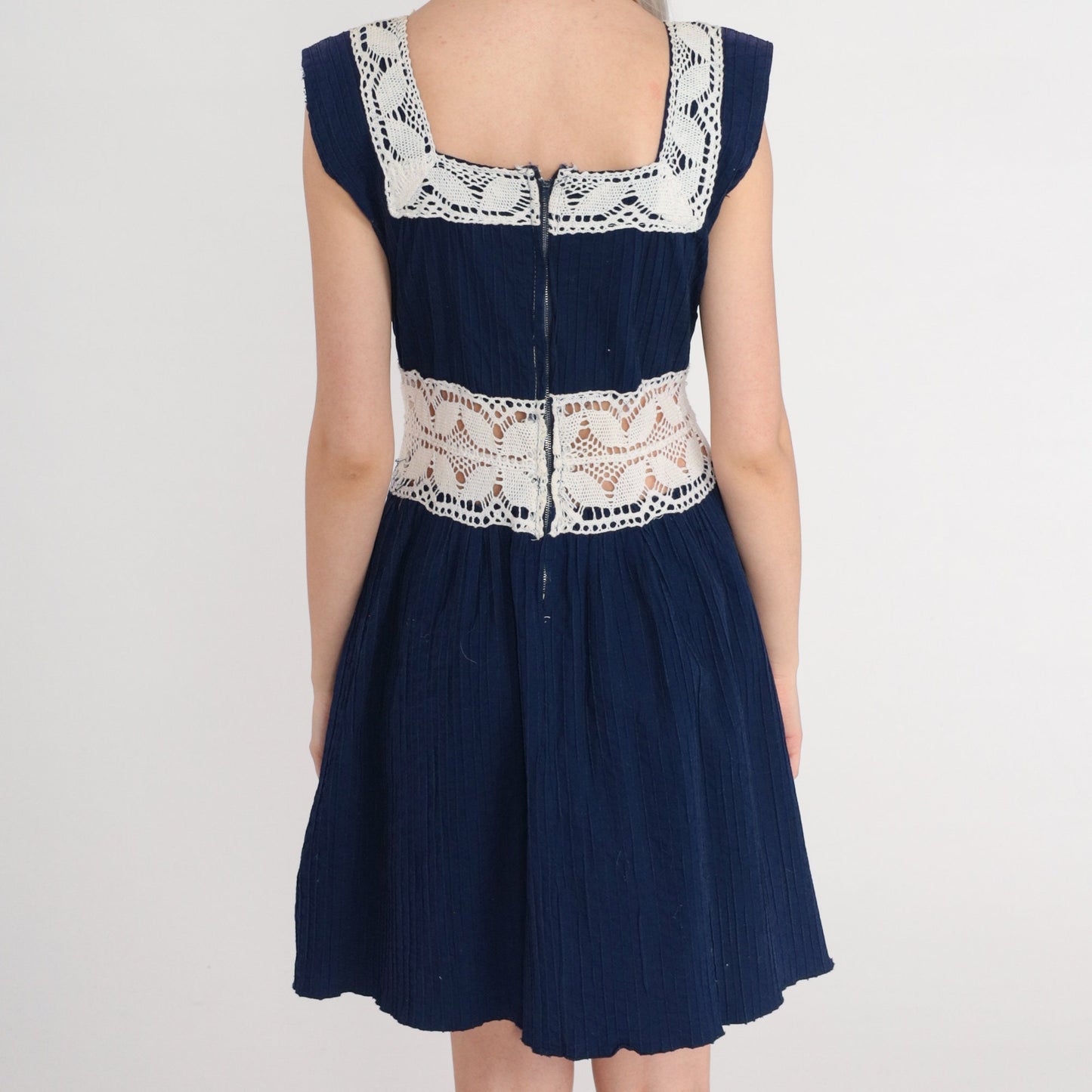 70s Navy Crochet Mini Dress White Open Weave Sleeveless High Waist Small S