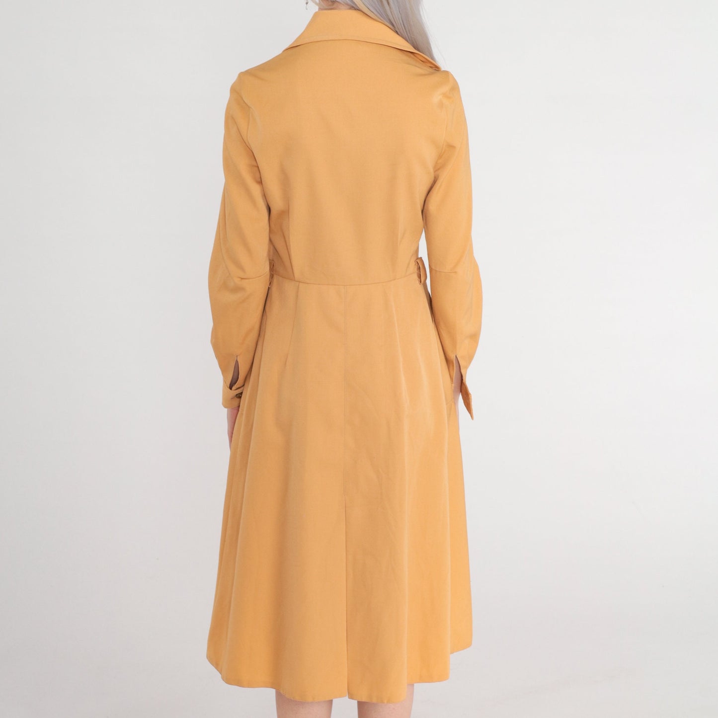 70s Camel Midi Shirtdress High Waisted Button Up Collared Long Sleeve Extra Small