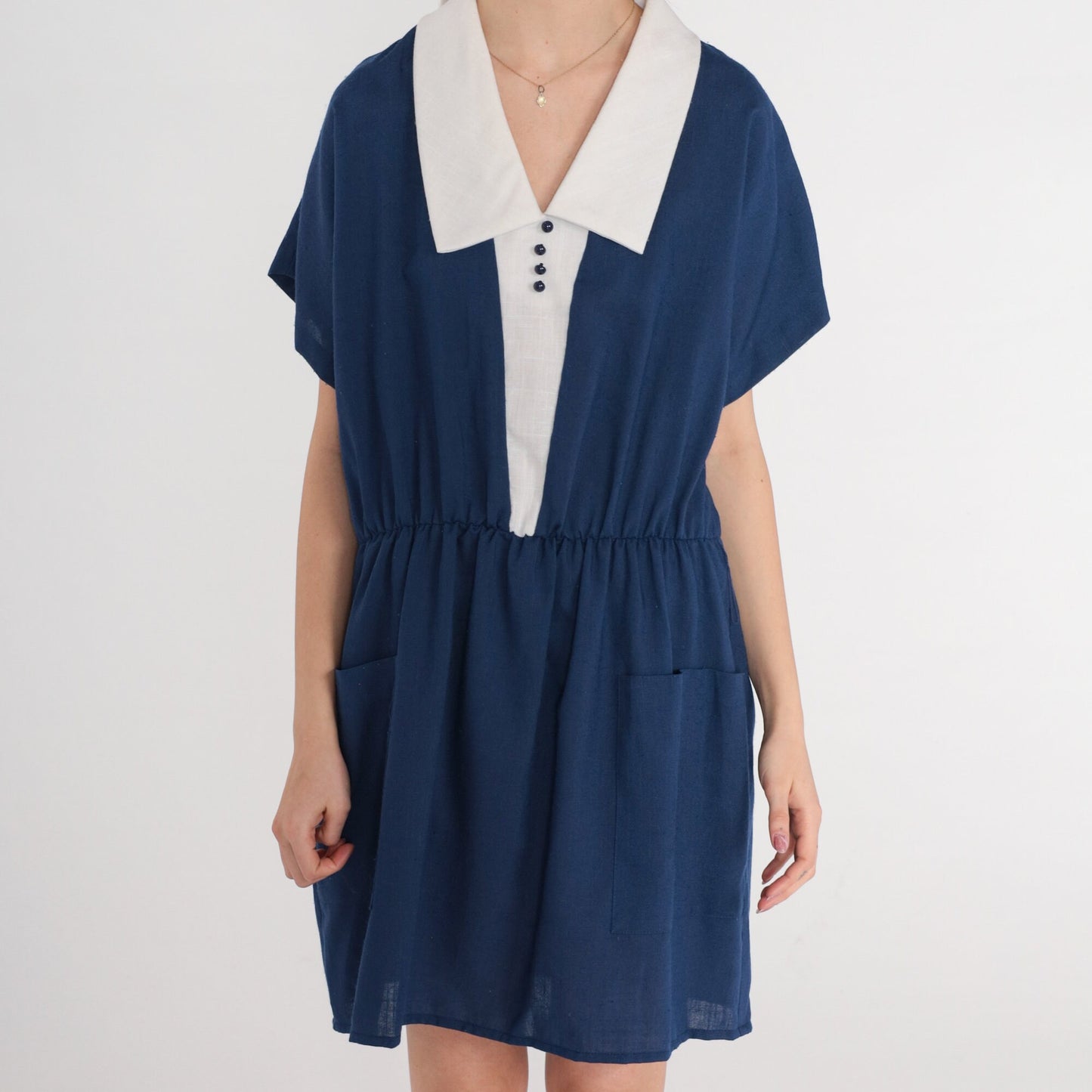 80s Blue Mini Dress White Chelsea Collar High Waisted Pockets Large L