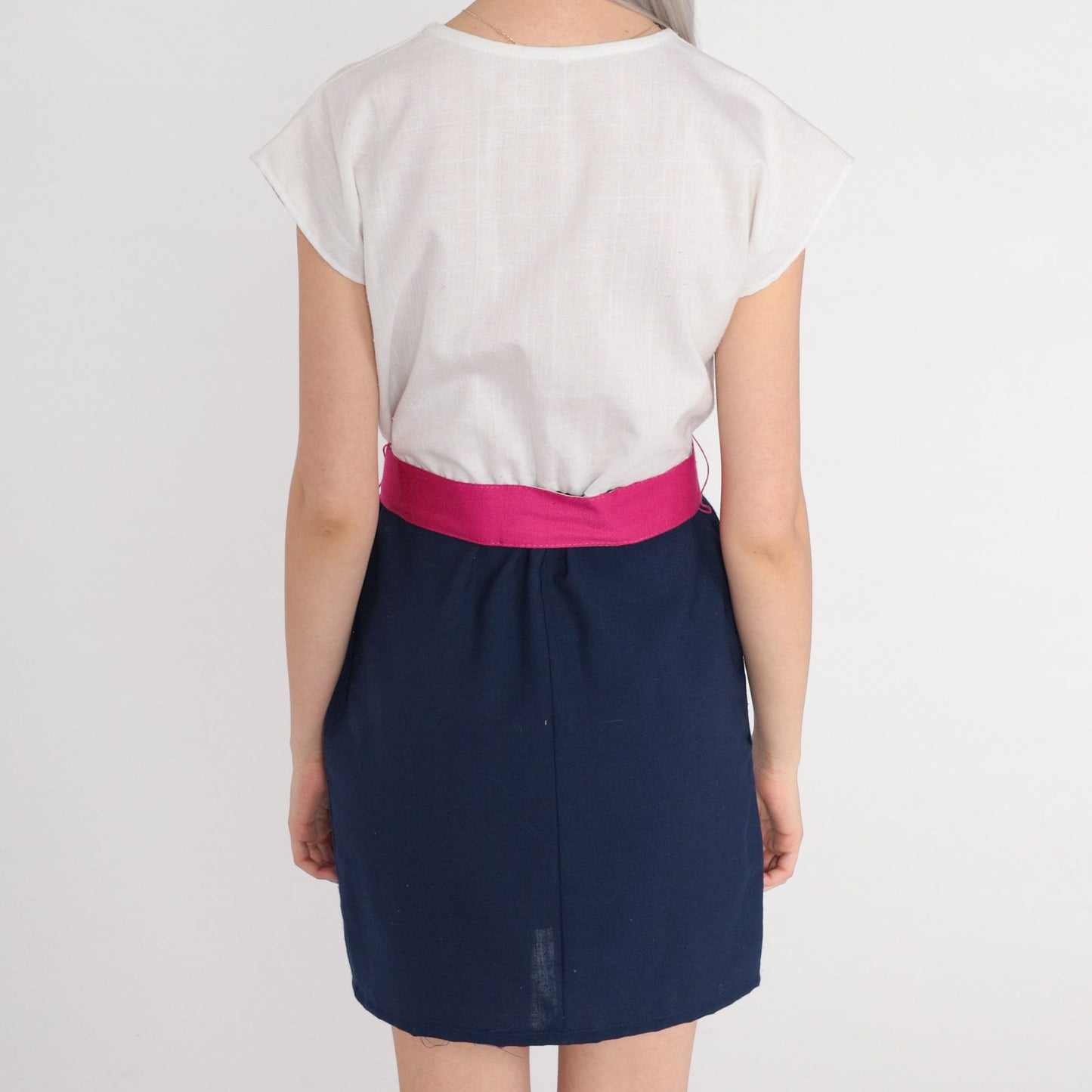 80s Color Block Mini Dress Button-Up White Navy Pink Belt Cap Sleeve Small