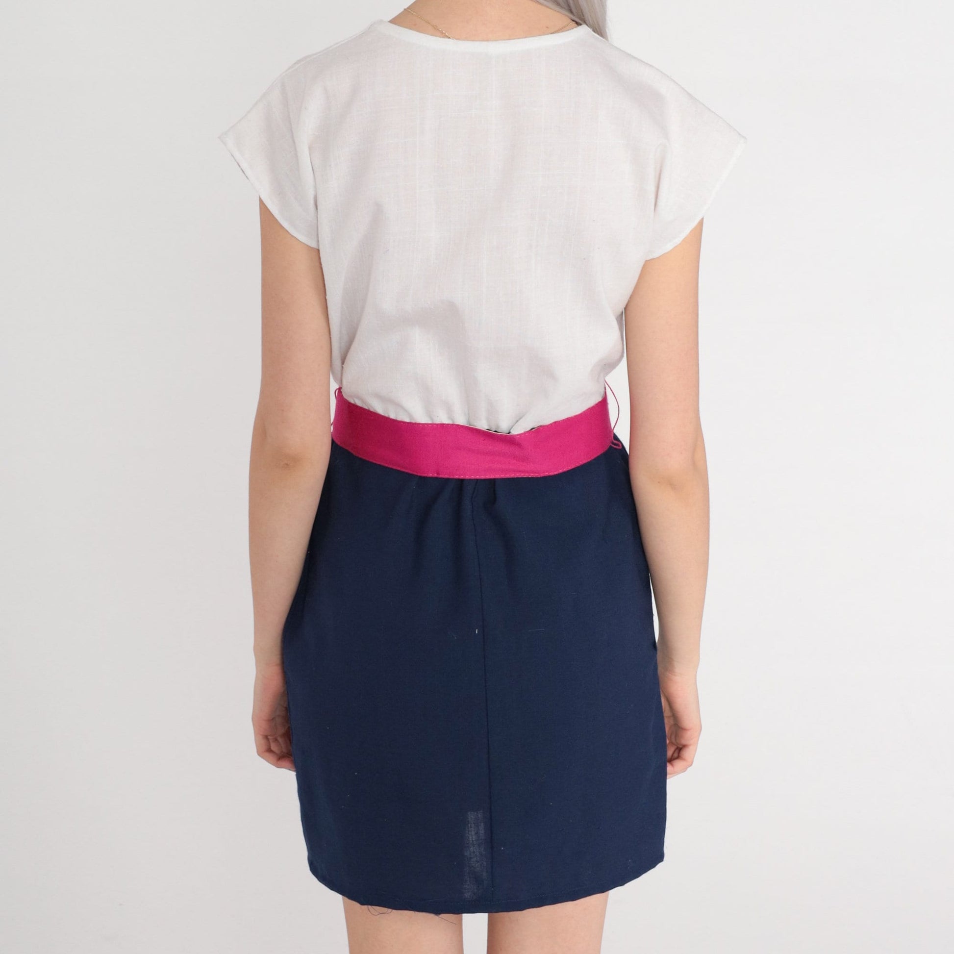 80s Color Block Mini Dress Button-Up White Navy Pink Belt Cap Sleeve Small