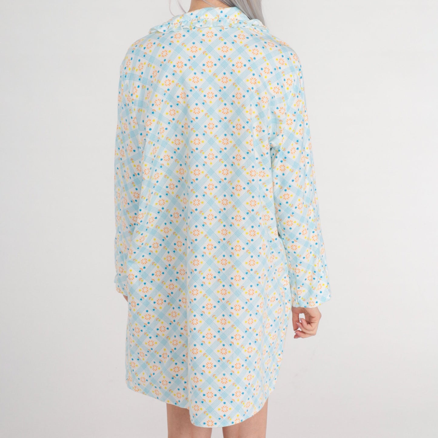 70s Checkered Floral Pajama Dress Cotton Fleece Nightgown Mini White Blue Medium