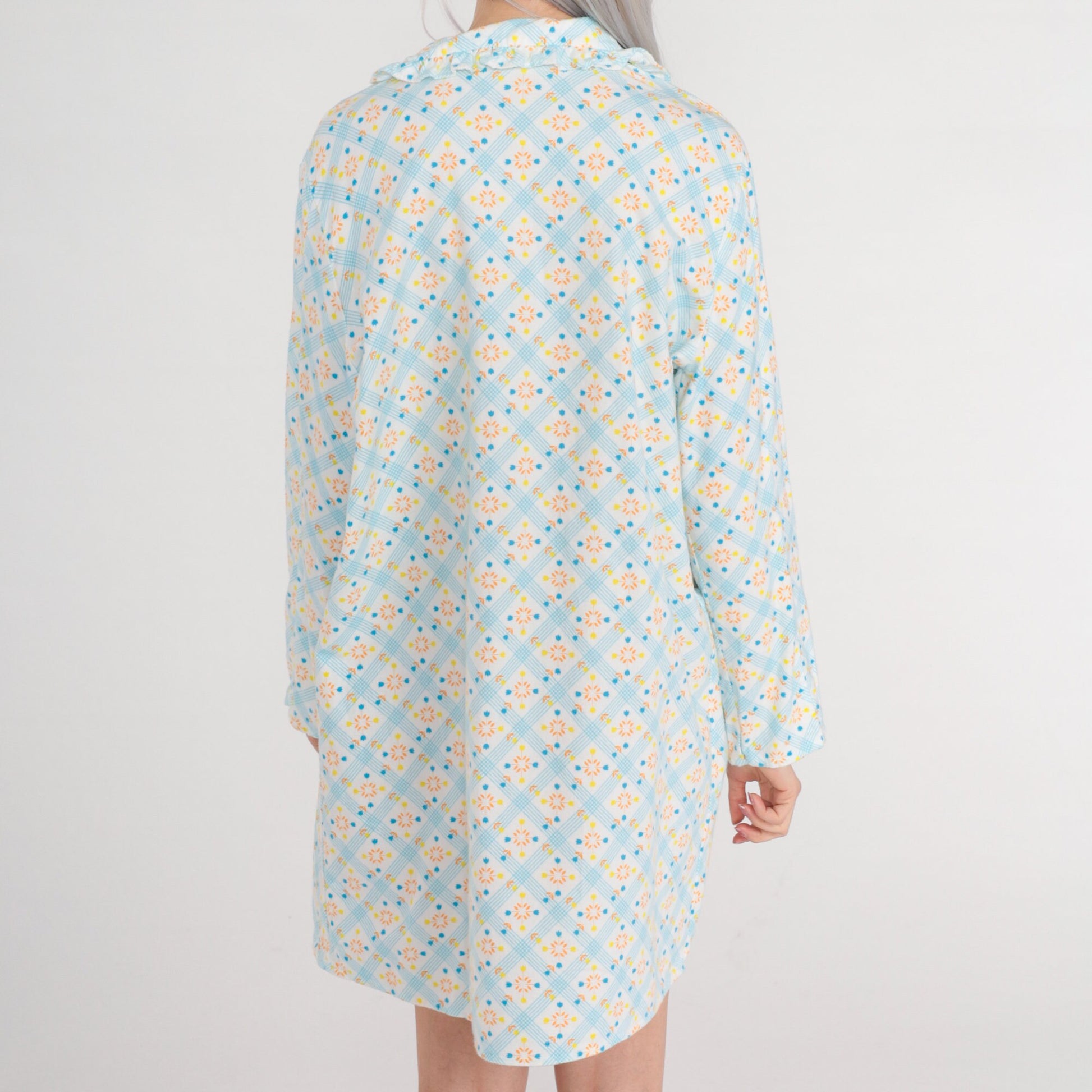 70s Checkered Floral Pajama Dress Cotton Fleece Nightgown Mini White Blue Medium