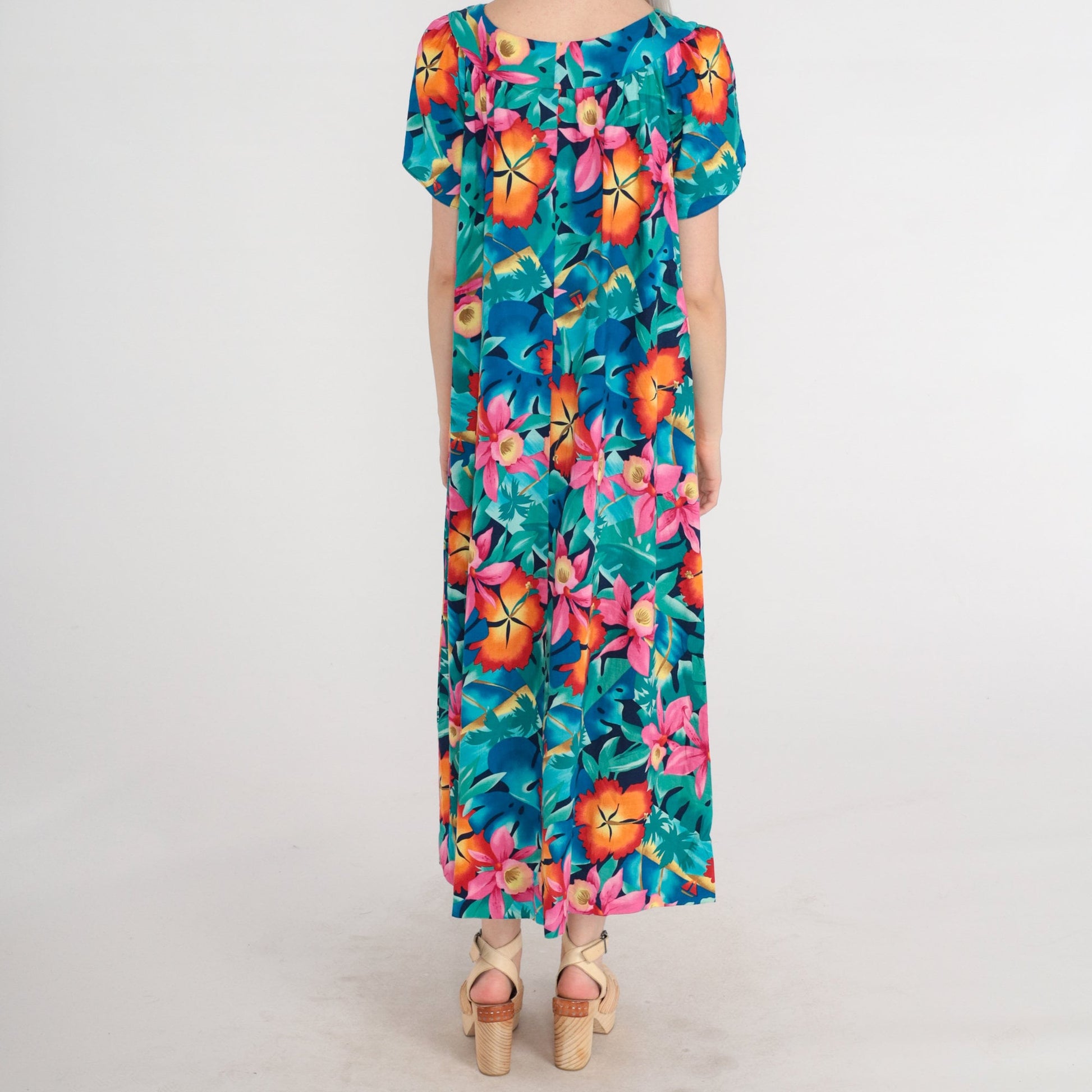 1970s Tropical Floral Maxi Dress Puff Sleeve Tent Cut Green Blue Orange Pink Medium