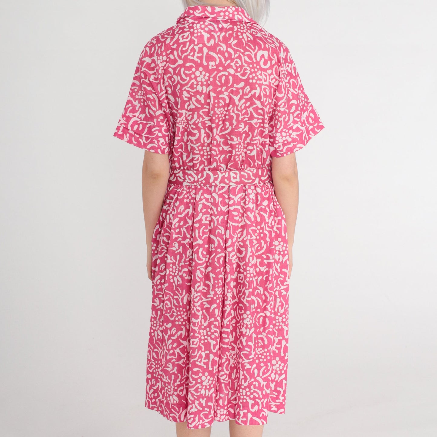 80s Leslie Fay Pink Floral Midi Shirtwaist Dress High Waisted Belted Medium