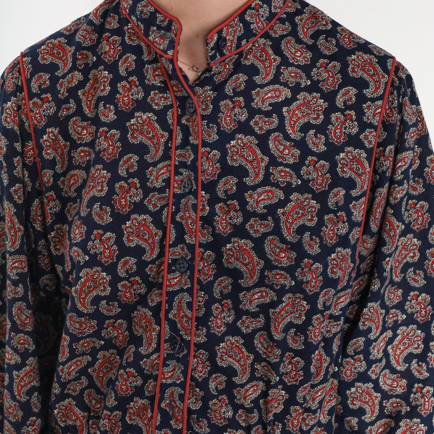 70s Navy Paisley Midi Dress Button-Up Long Sleeve High Waist Small