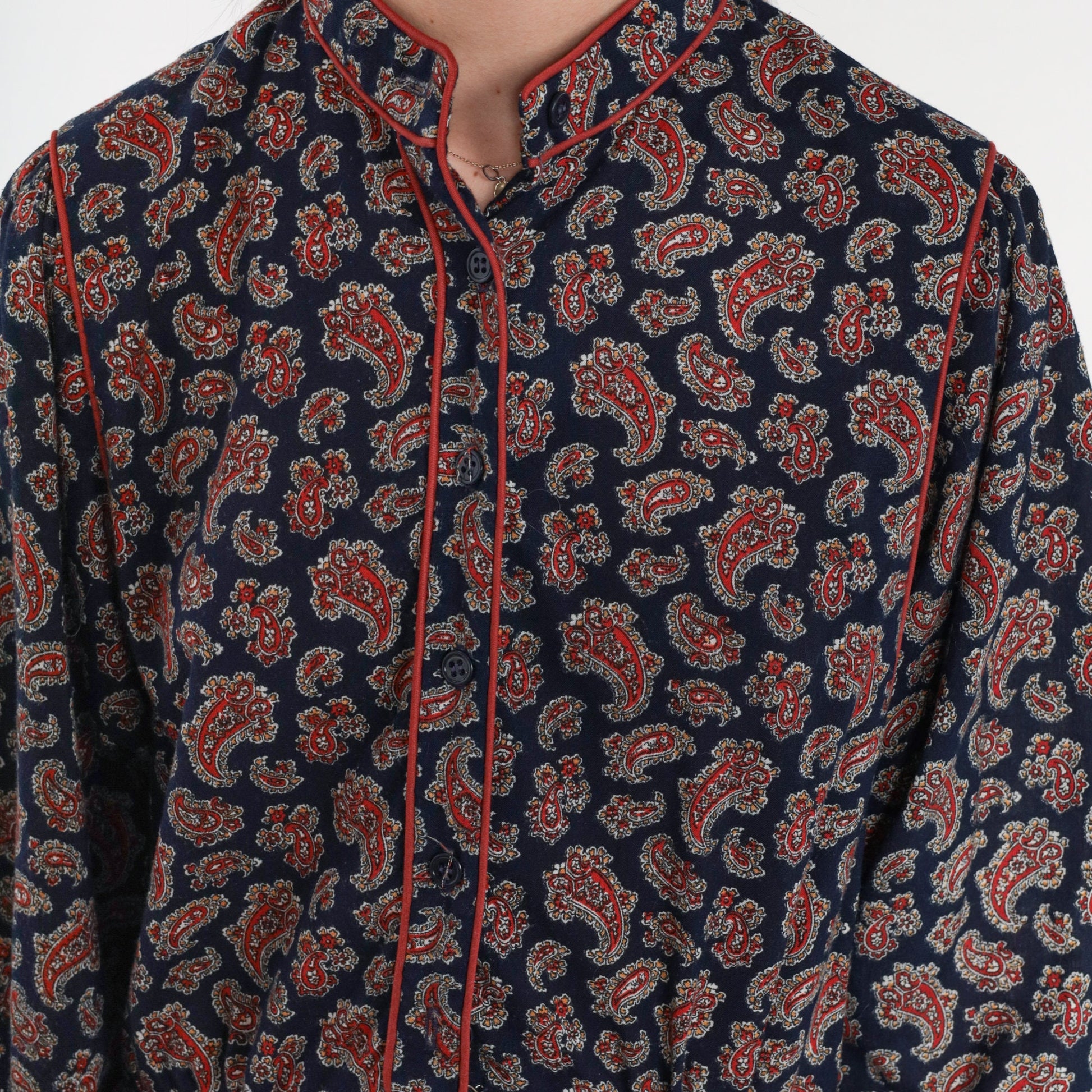 70s Navy Paisley Midi Dress Button-Up Long Sleeve High Waist Small