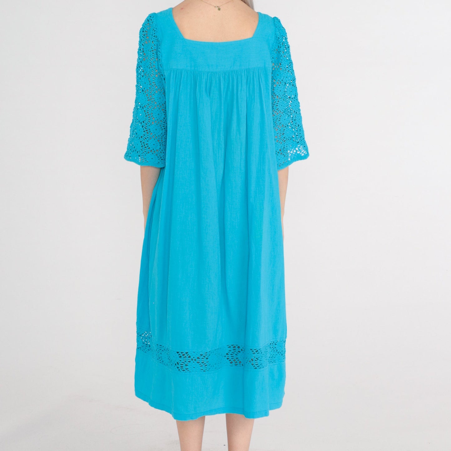 90s Turquoise Cotton Midi Dress Cutout Lace Bell Sleeve Tent Cut Medium M