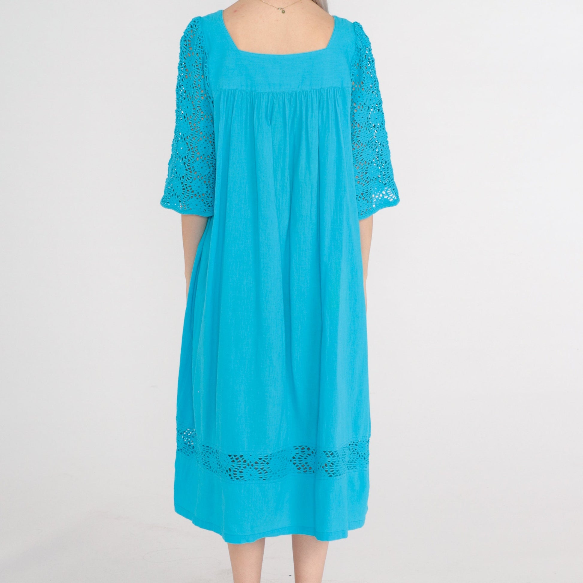 90s Turquoise Cotton Midi Dress Cutout Lace Bell Sleeve Tent Cut Medium M