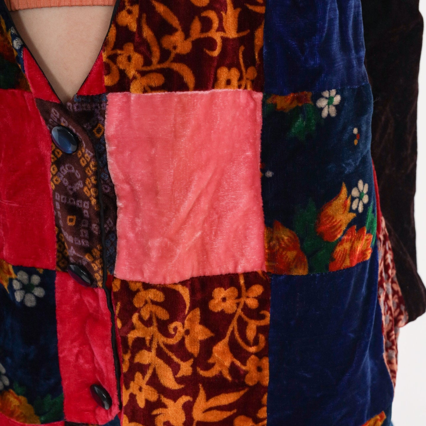 70s Velvet Patchwork Floral Button-Up Vest Pink Red Blue Medium M
