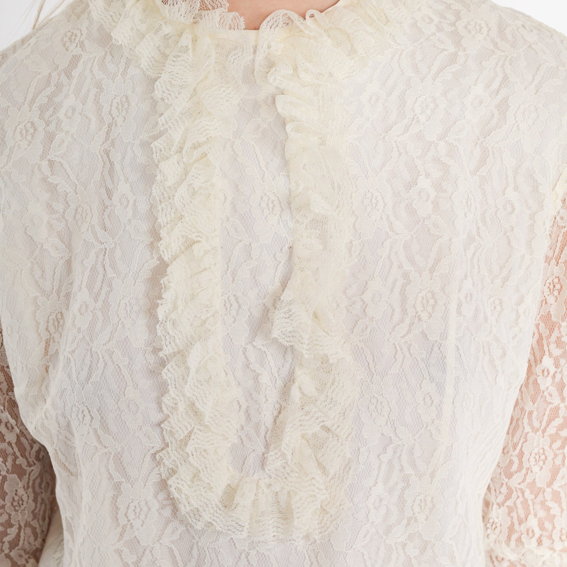 70s White Lace Blouse Floral High Neck Ruffled Long Sleeve Extra Small