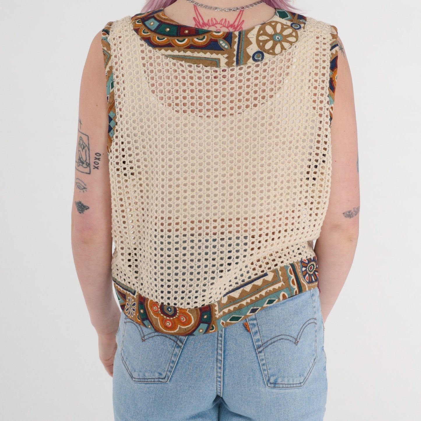 90s Cream Crochet Tank Top Geometric Open Weave Button Front Large L