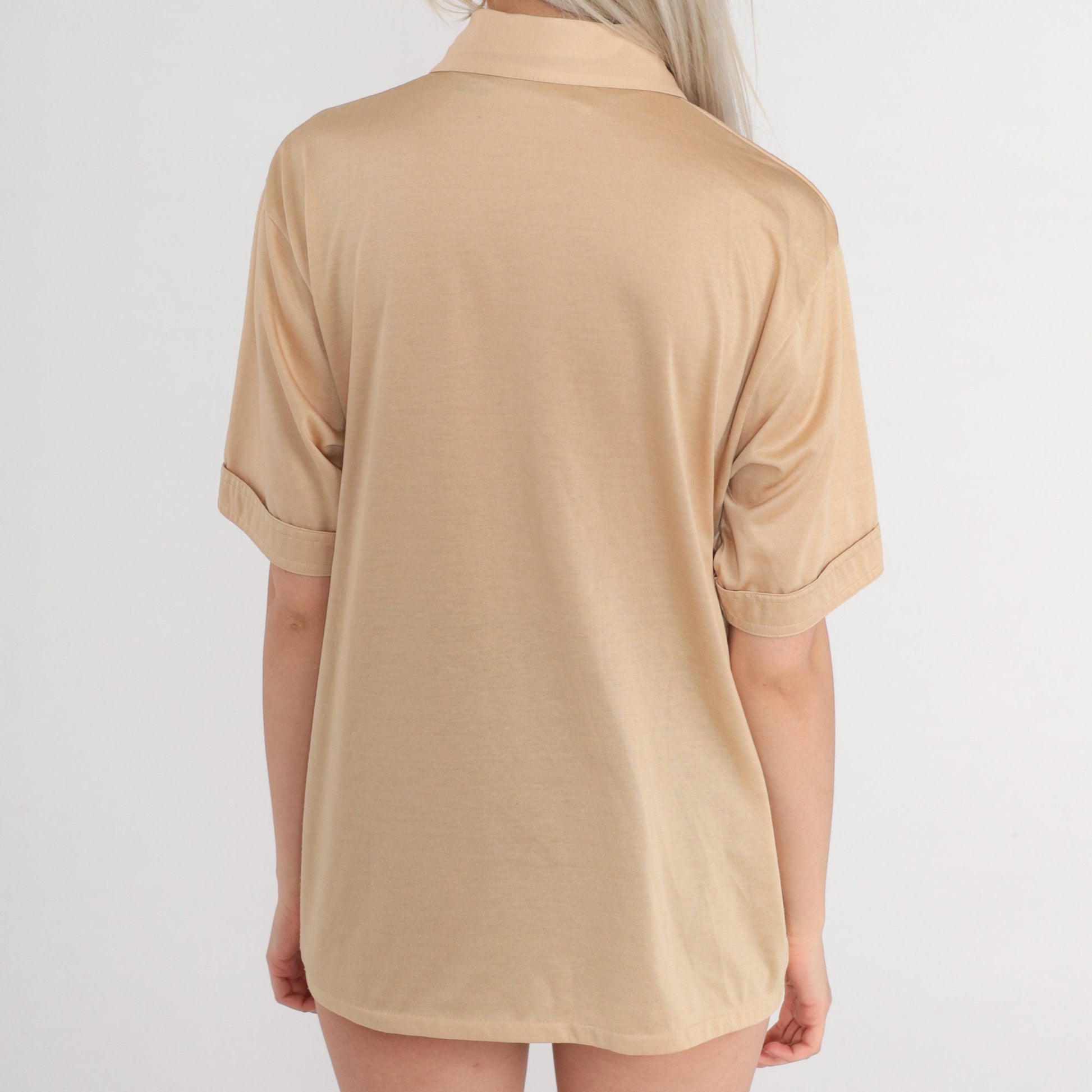 70s Tan Polo Shirt Dagger Collar Button-Up Short Sleeve Medium