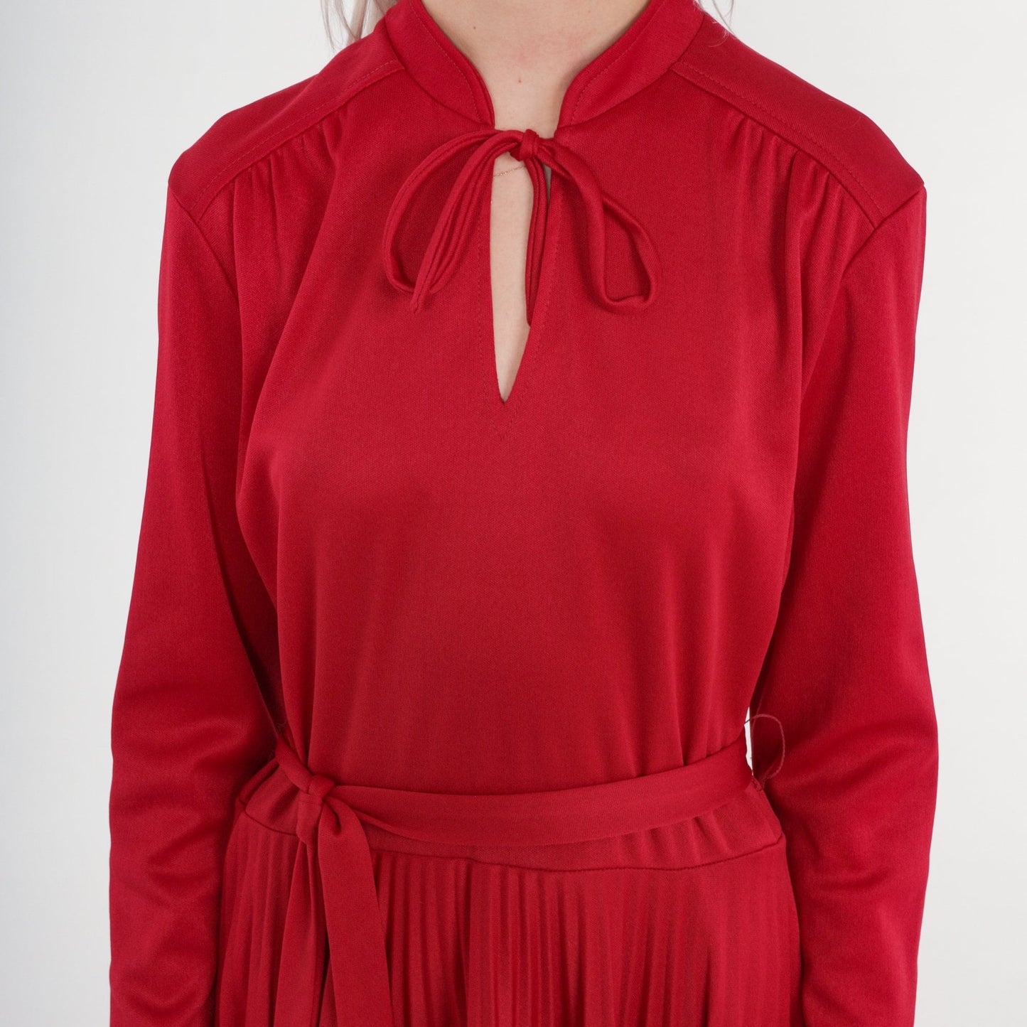 70s Burgundy Red Midi Dress Pleated High Waist Long Sleeve Medium