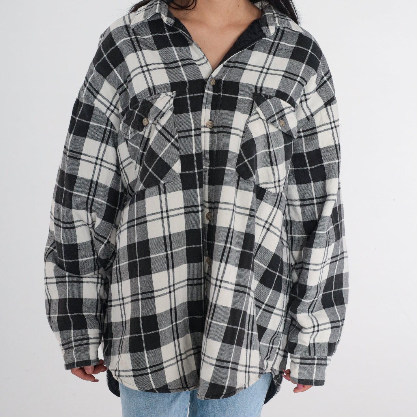 90s Black White Plaid Button Jacket Plus Size XXL