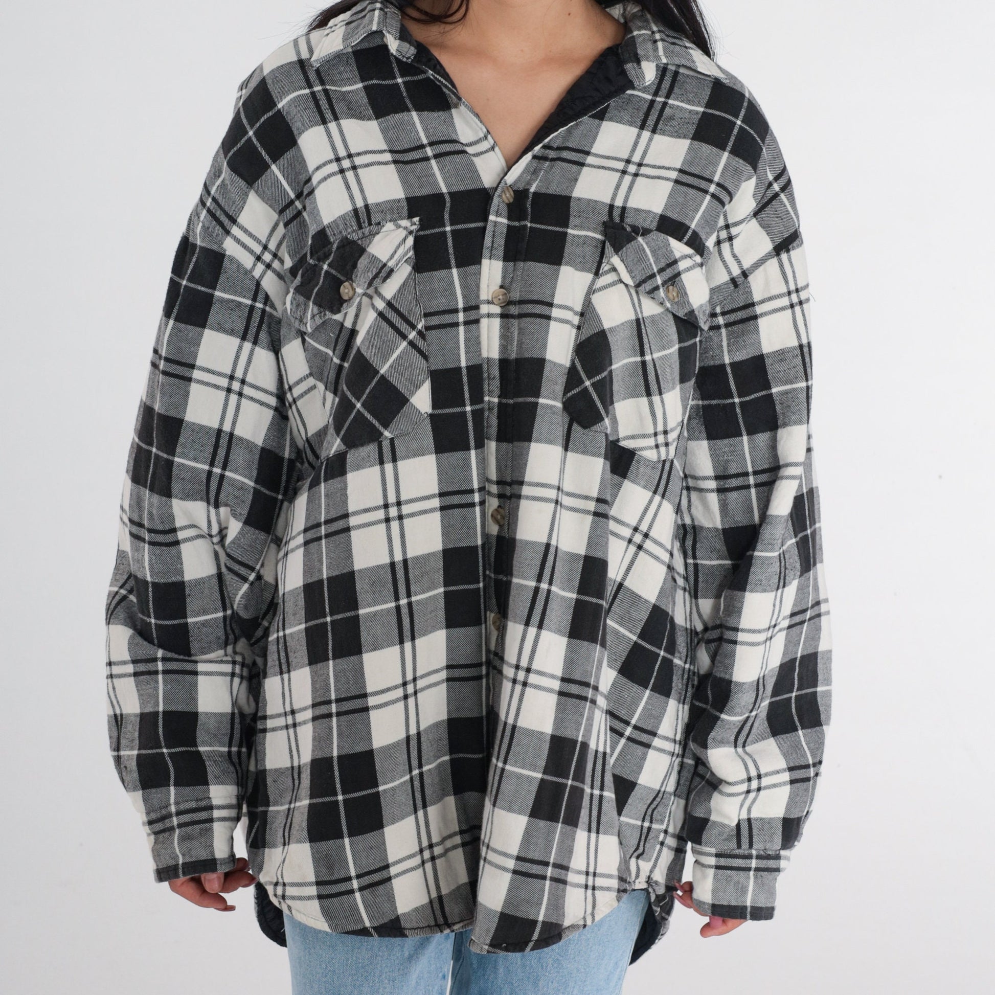 90s Black White Plaid Button Jacket Plus Size XXL