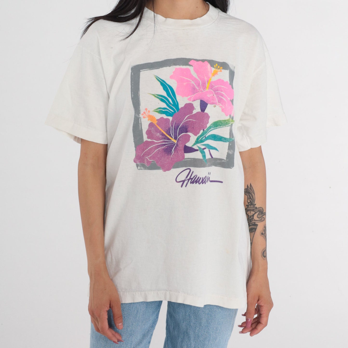 90s Hawaii Hibiscus Flower Graphic T-Shirt White Single Stitch Large