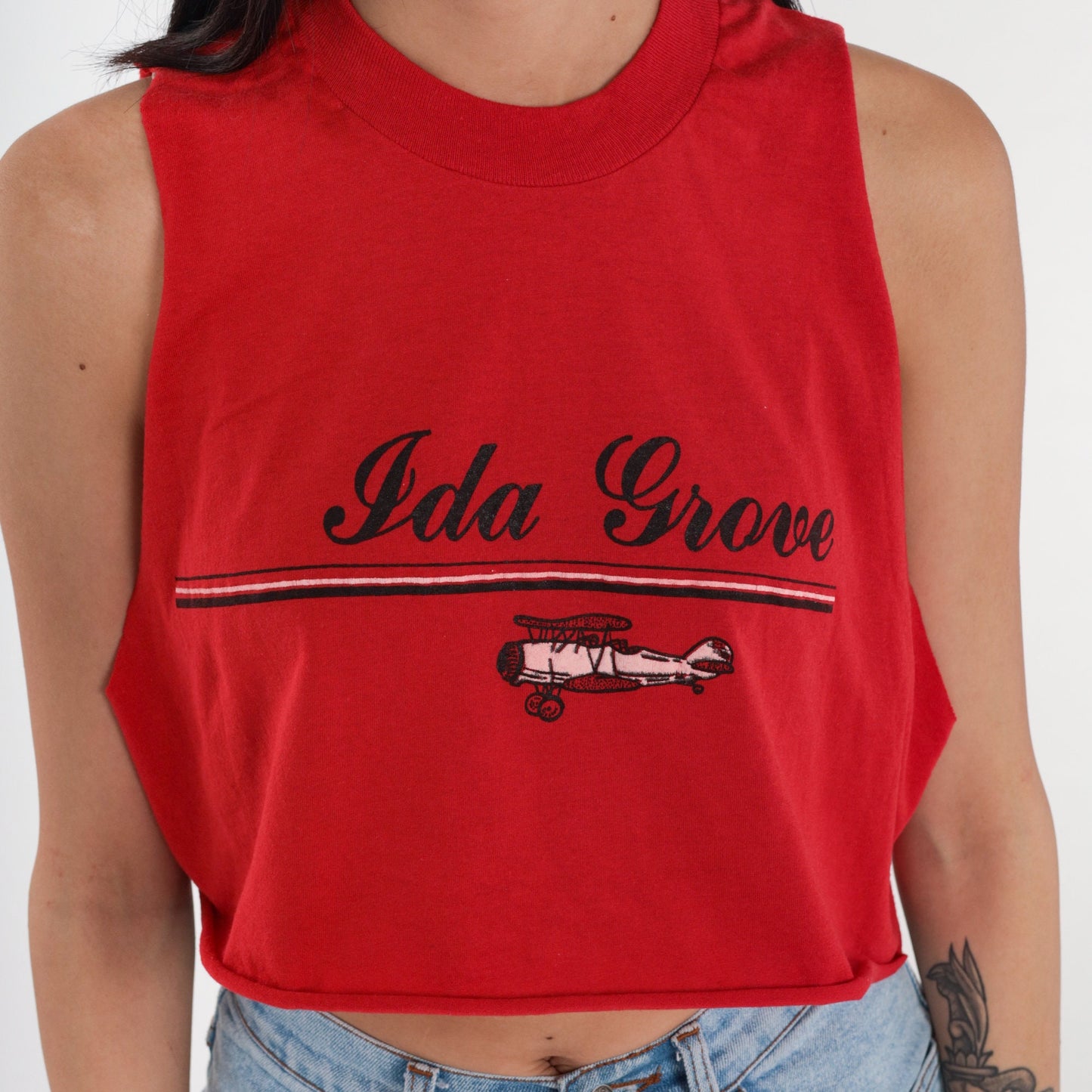 90s Ida Grove Iowa Airplane Graphic Crop Tank Top Red Small