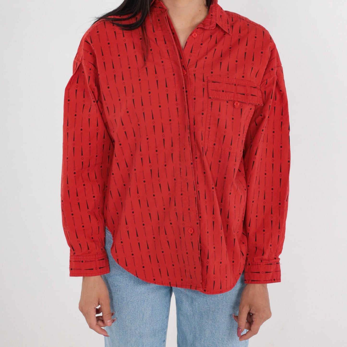 90s Red Cotton Button-Up Shirt Dot Arrow Print Long Sleeve Medium