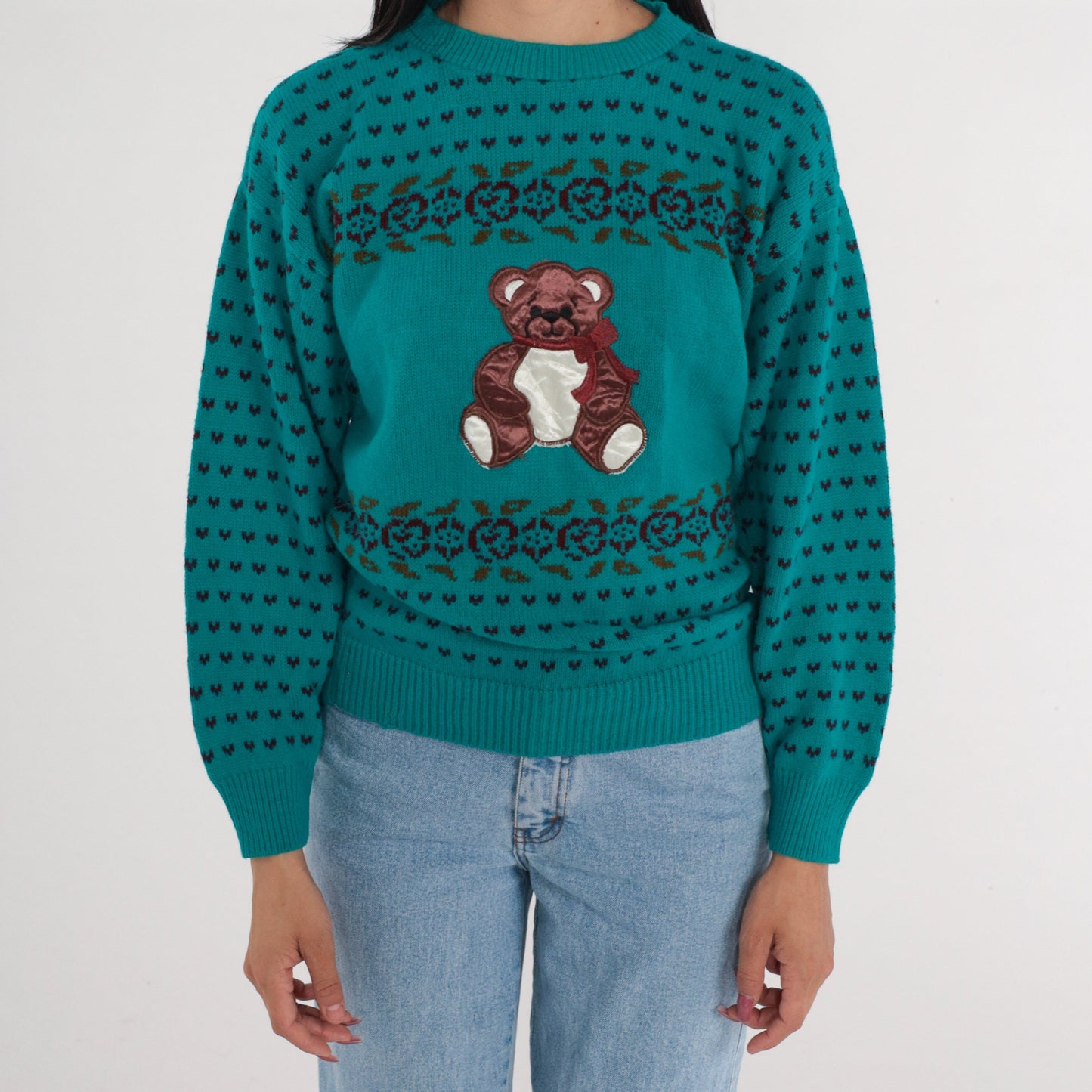 80s Teal Knit Sweater Teddy Bear Floral Hearts Pullover Small