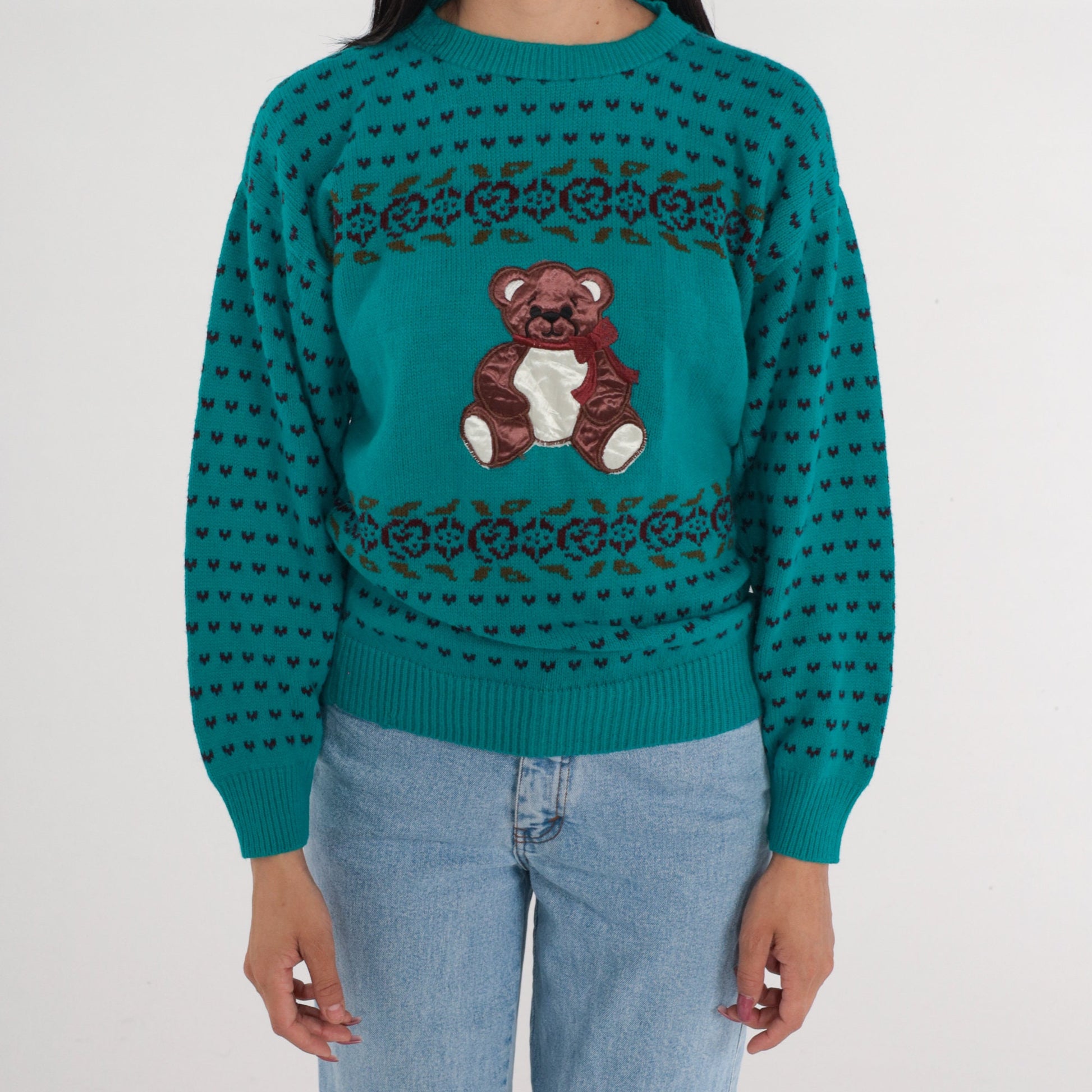 80s Teal Knit Sweater Teddy Bear Floral Hearts Pullover Small