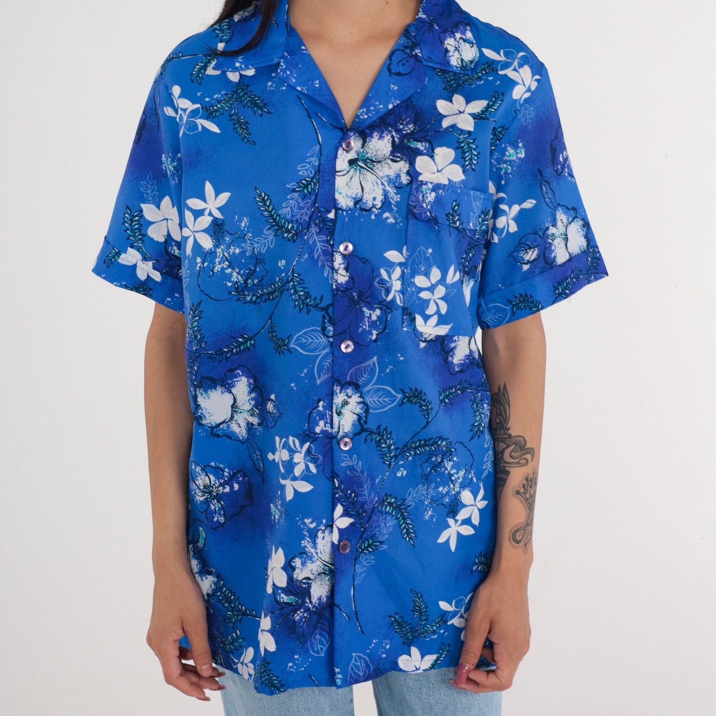 70s Hawaiian Shirt Blue Tropical Floral Button Up Short Sleeve Medium M