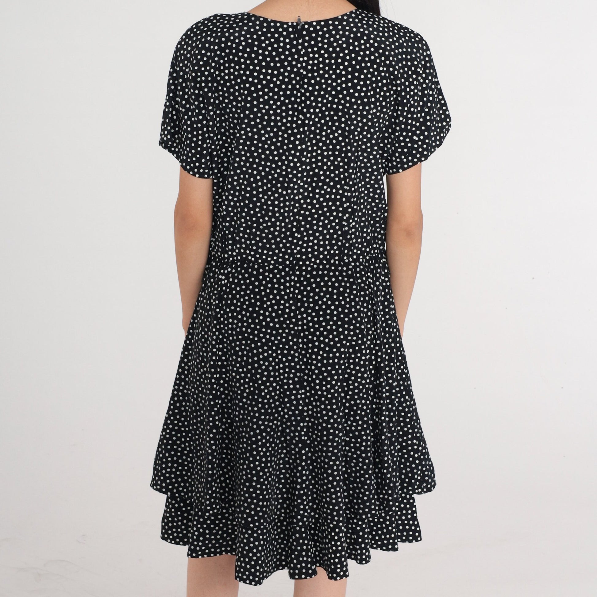 90s Black White Polka Dot Mini Dress High Waisted Skater Short Sleeve Medium