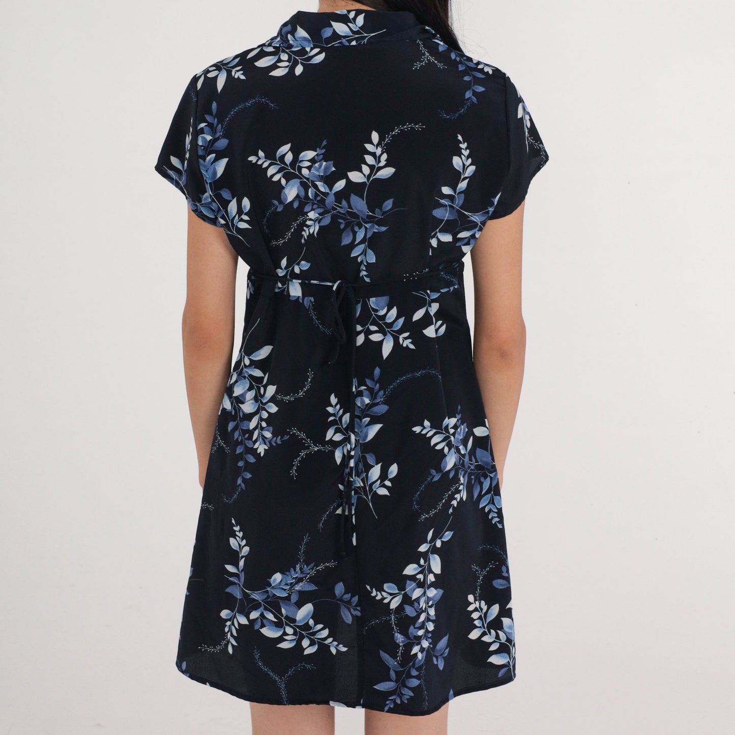 90s Jodi of California Navy Leaf Print Mini Dress Empire Waist Medium