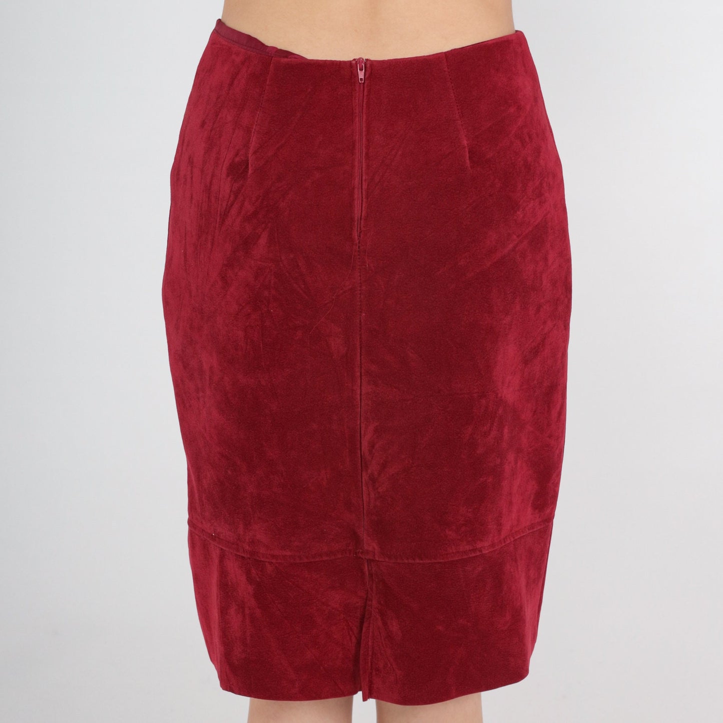 90s Papaya Red Faux Suede Pencil Skirt High Waist Midi Small