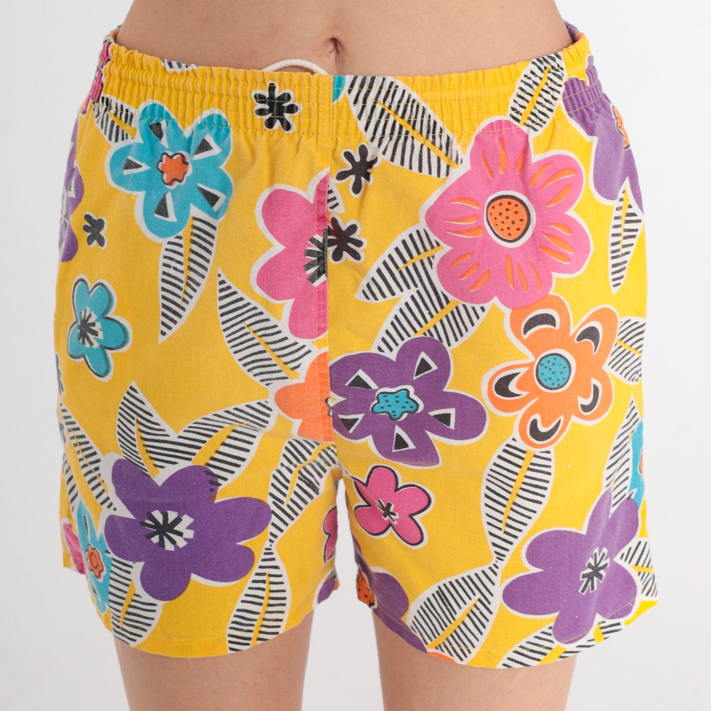 90s Yellow Floral Print Shorts High Waist Drawstring Beach Small S