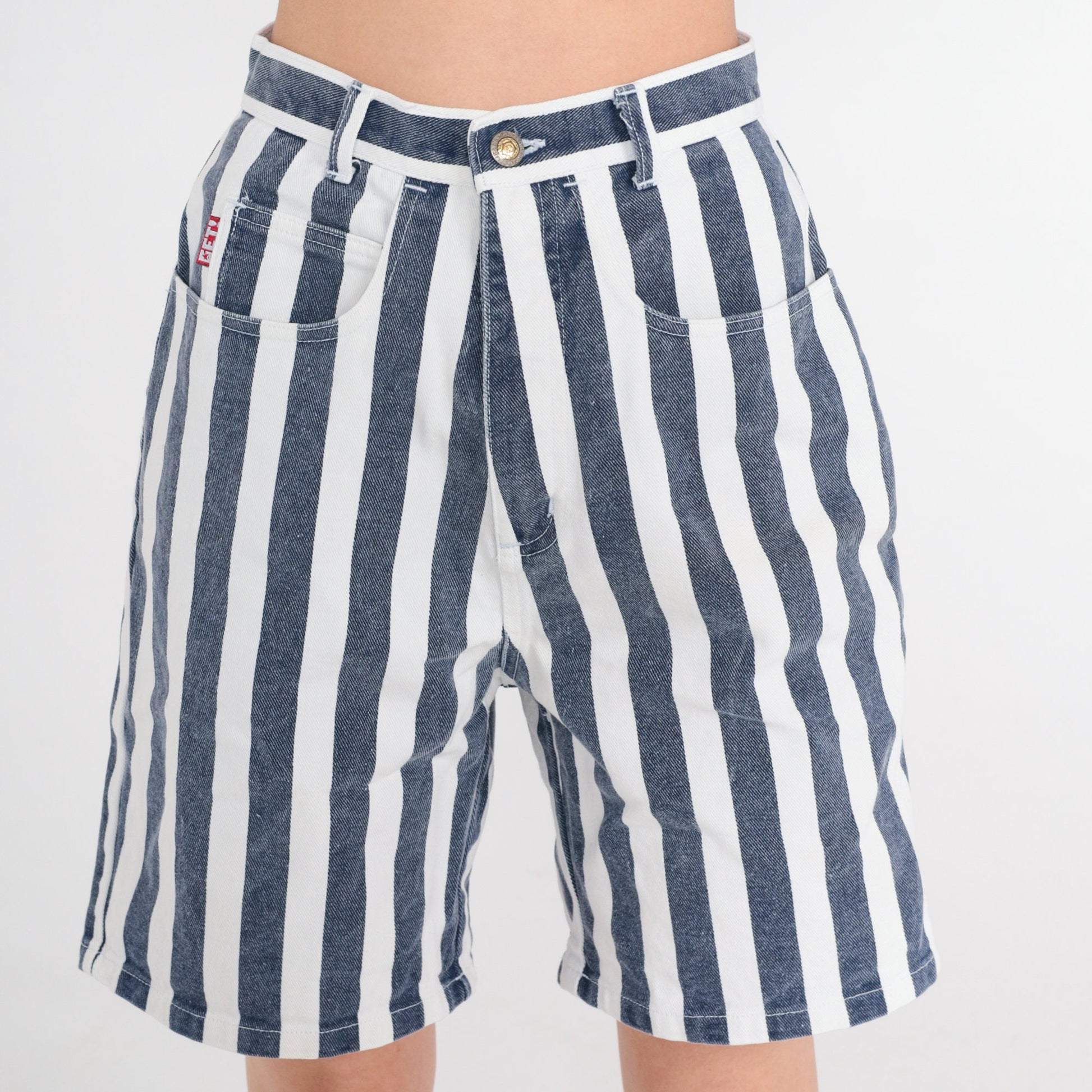 90s Striped Denim Shorts High Waisted Blue White Knee Length Small S