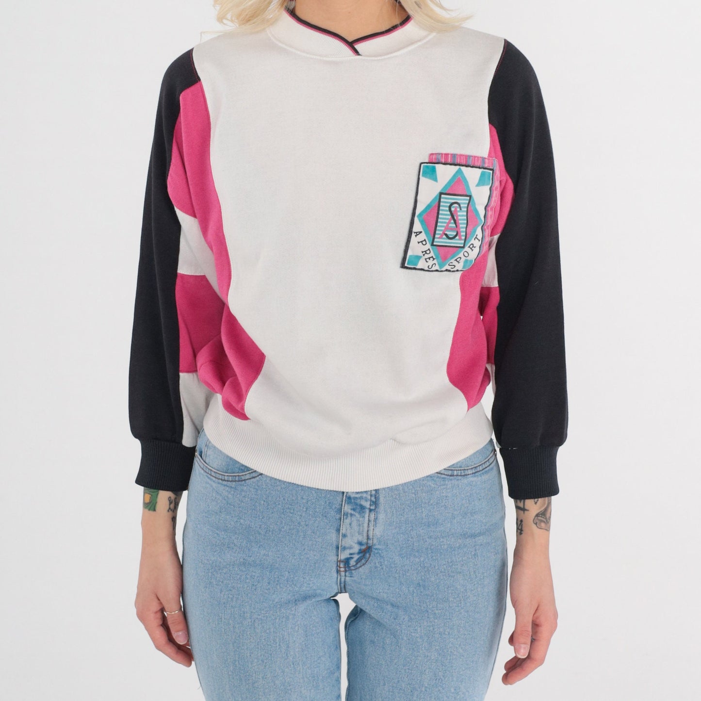 90s Apres Sport Color Block Sweatshirt White Pink Black Crewneck Small