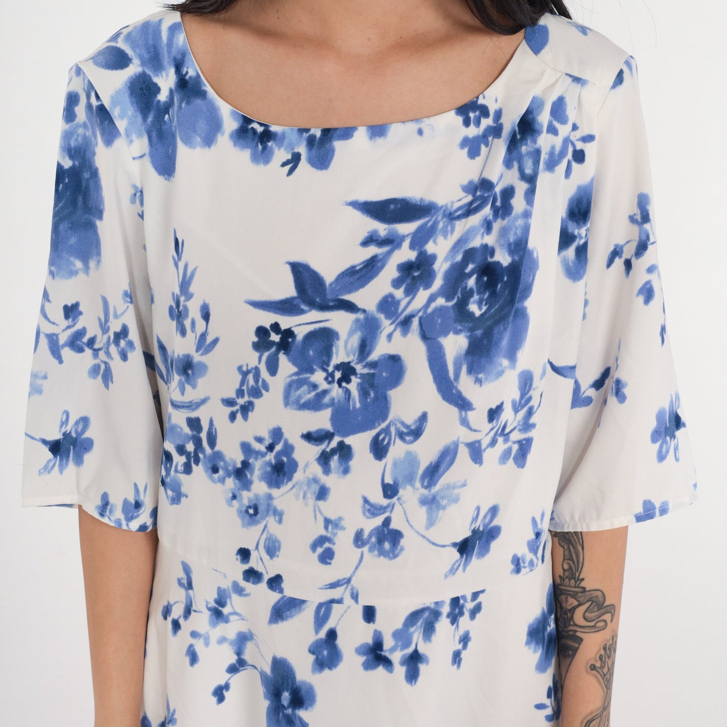 00s White Blue Floral Mini Dress High Waist A-Line Short Sleeve Large