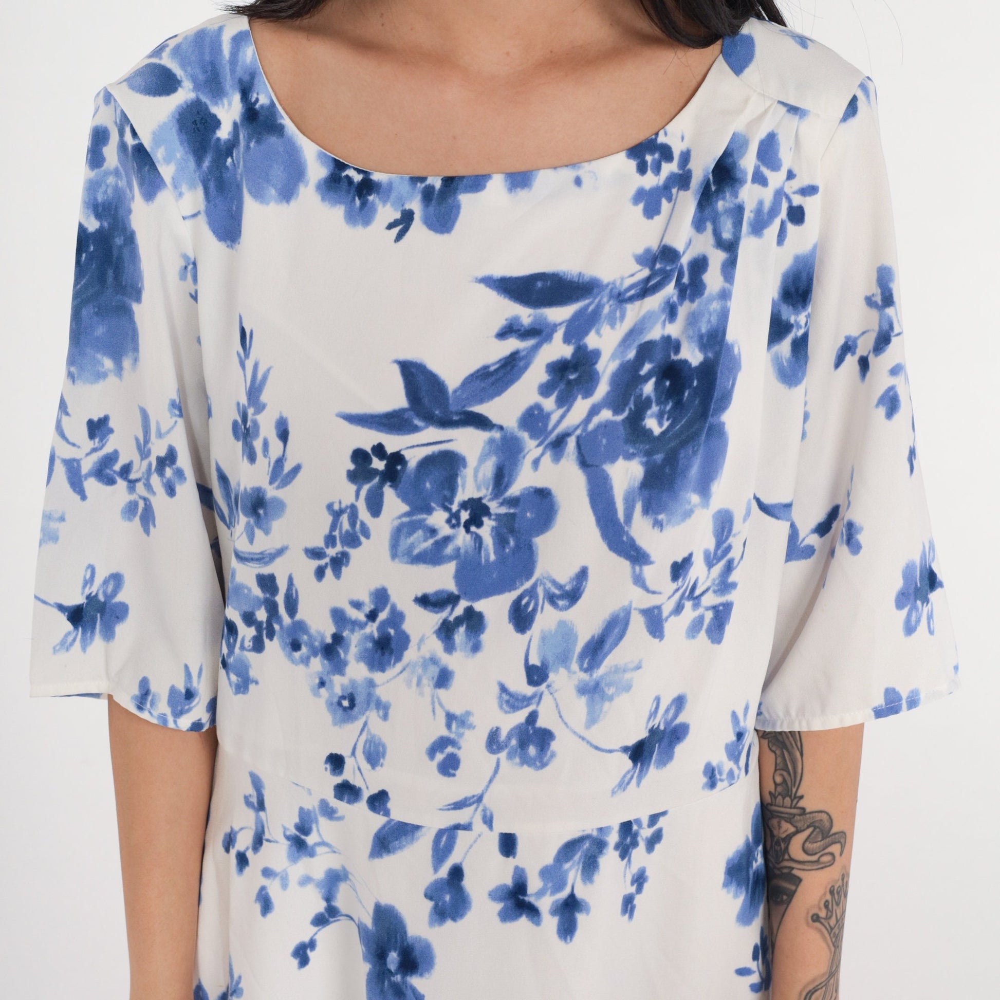 00s White Blue Floral Mini Dress High Waist A-Line Short Sleeve Large