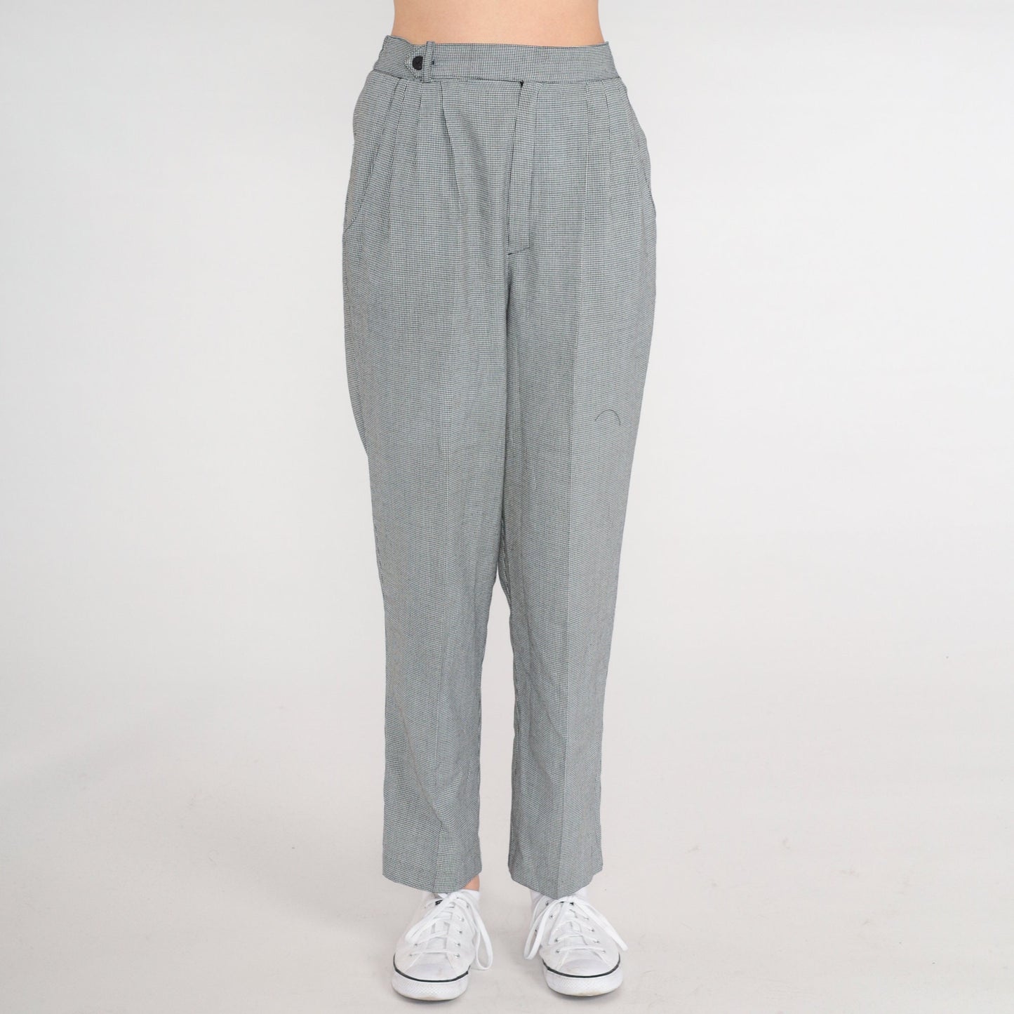 80s Checkered High-Waisted Tapered Trousers Pleated Plaid Pants Small