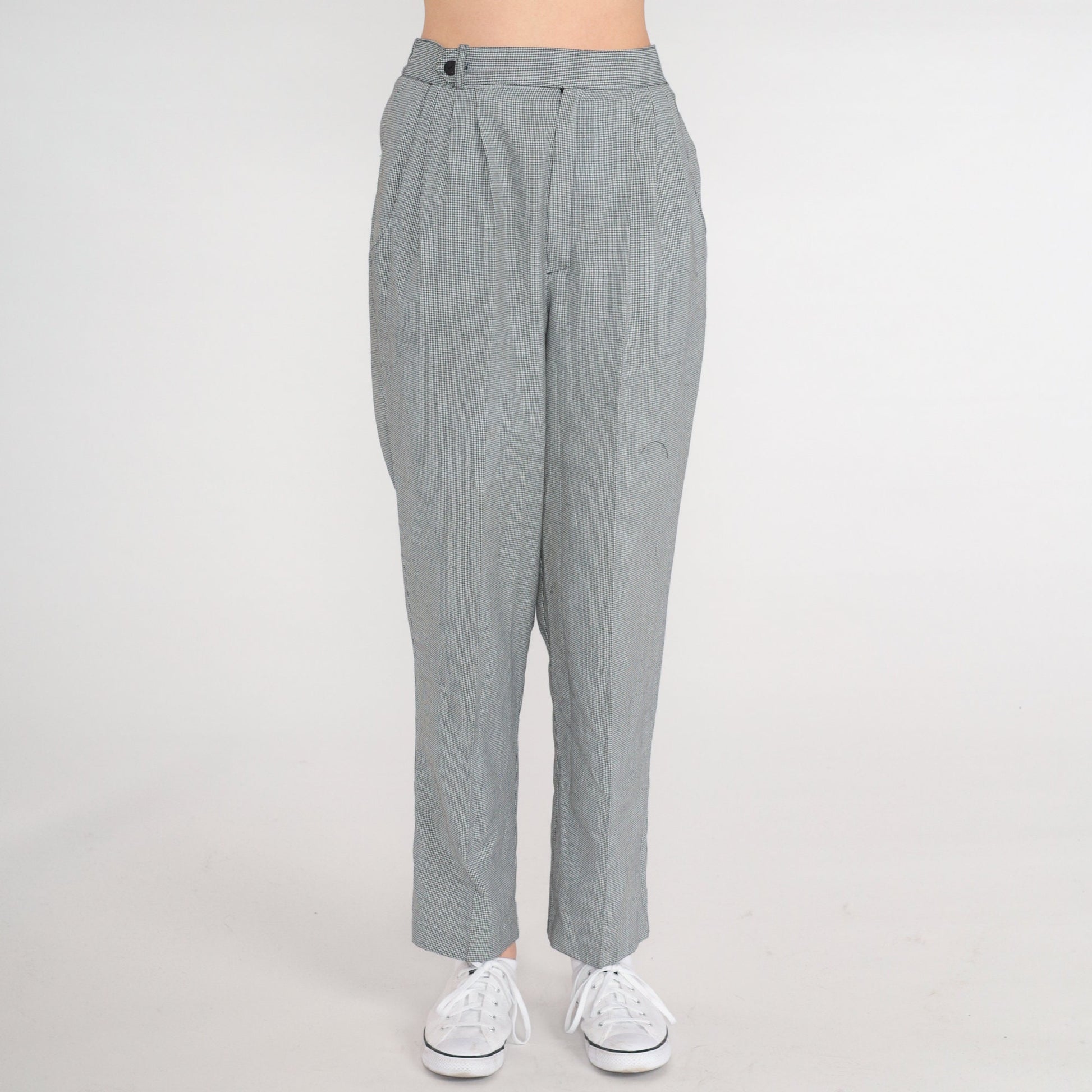 80s Checkered High-Waisted Tapered Trousers Pleated Plaid Pants Small