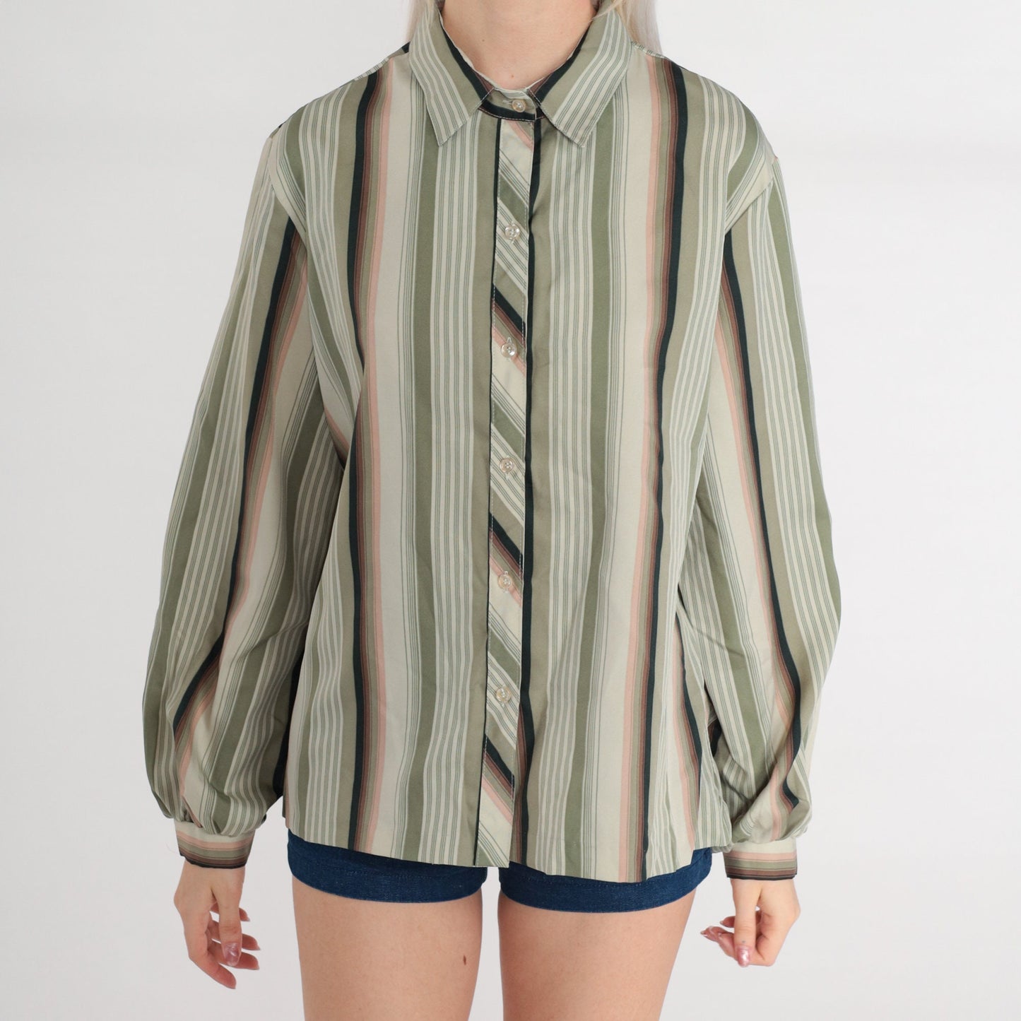 70s Lady Arrow Striped Button-Up Blouse Long Sleeve Collared Green Pink Large L