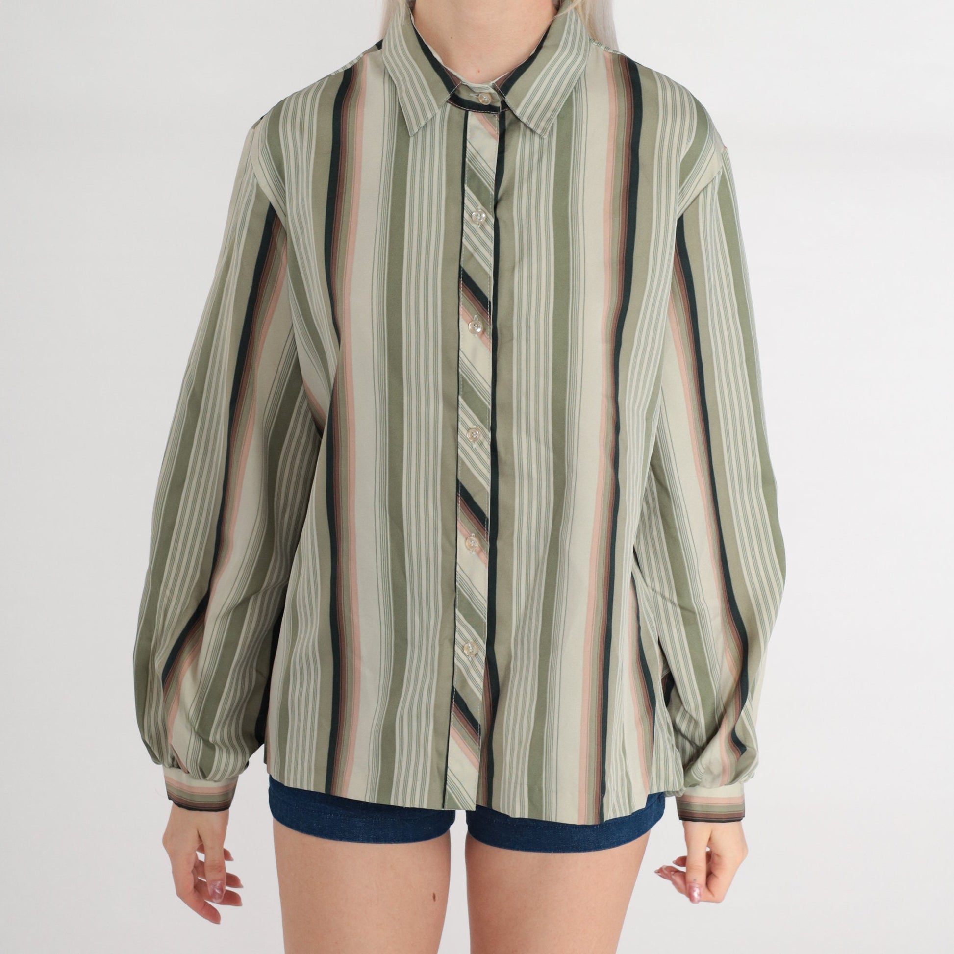70s Lady Arrow Striped Button-Up Blouse Long Sleeve Collared Green Pink Large L